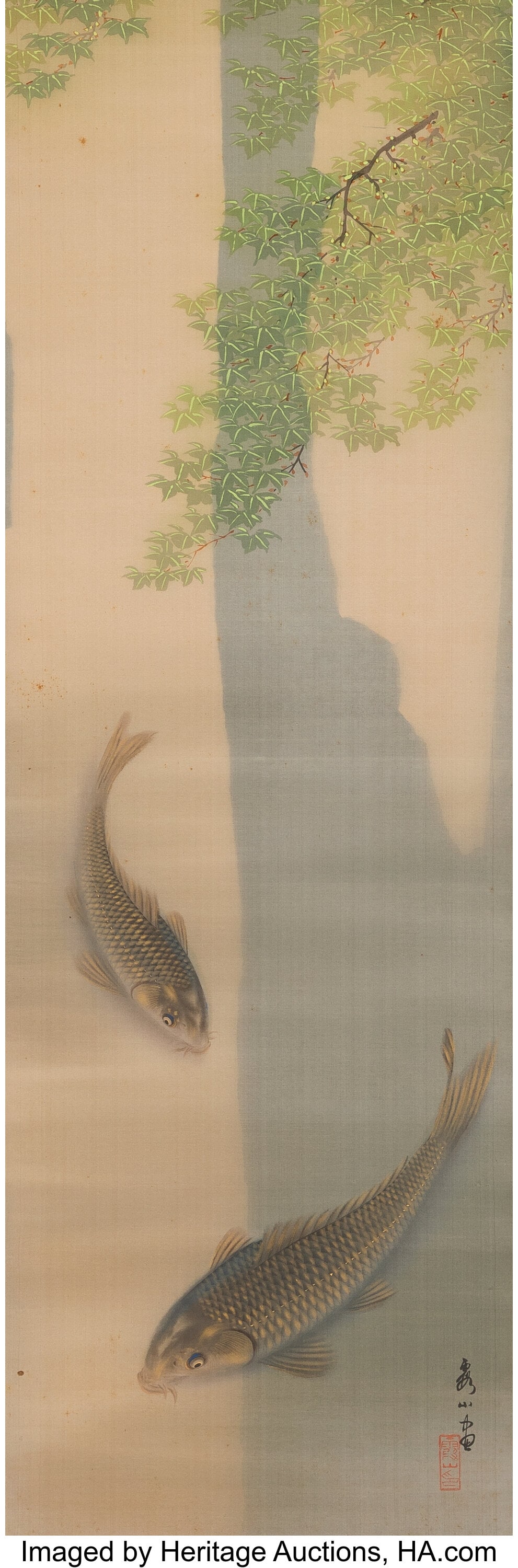 Kazan (Japanese, 20th century) Carp Hanging scro: Kazan (Japanese, 20th century) Carp Hanging scroll; ink and color on silk 50-1/4 x 16-1/4 inches (127.6 x 41.3 cm) (work) Signed Kazan Hi