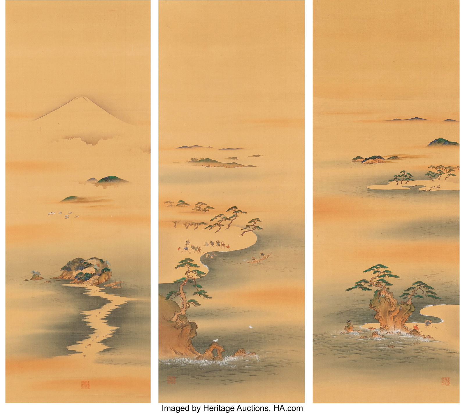 Attributed to Tosa Mitsuoki (Japanese, 1617-1691: Attributed to Tosa Mitsuoki (Japanese, 1617-1691) Set of Three Hanging Scrolls, Landscape,19th century Hanging scroll; ink and color on silk 71-1/4 x 18-3/4 in