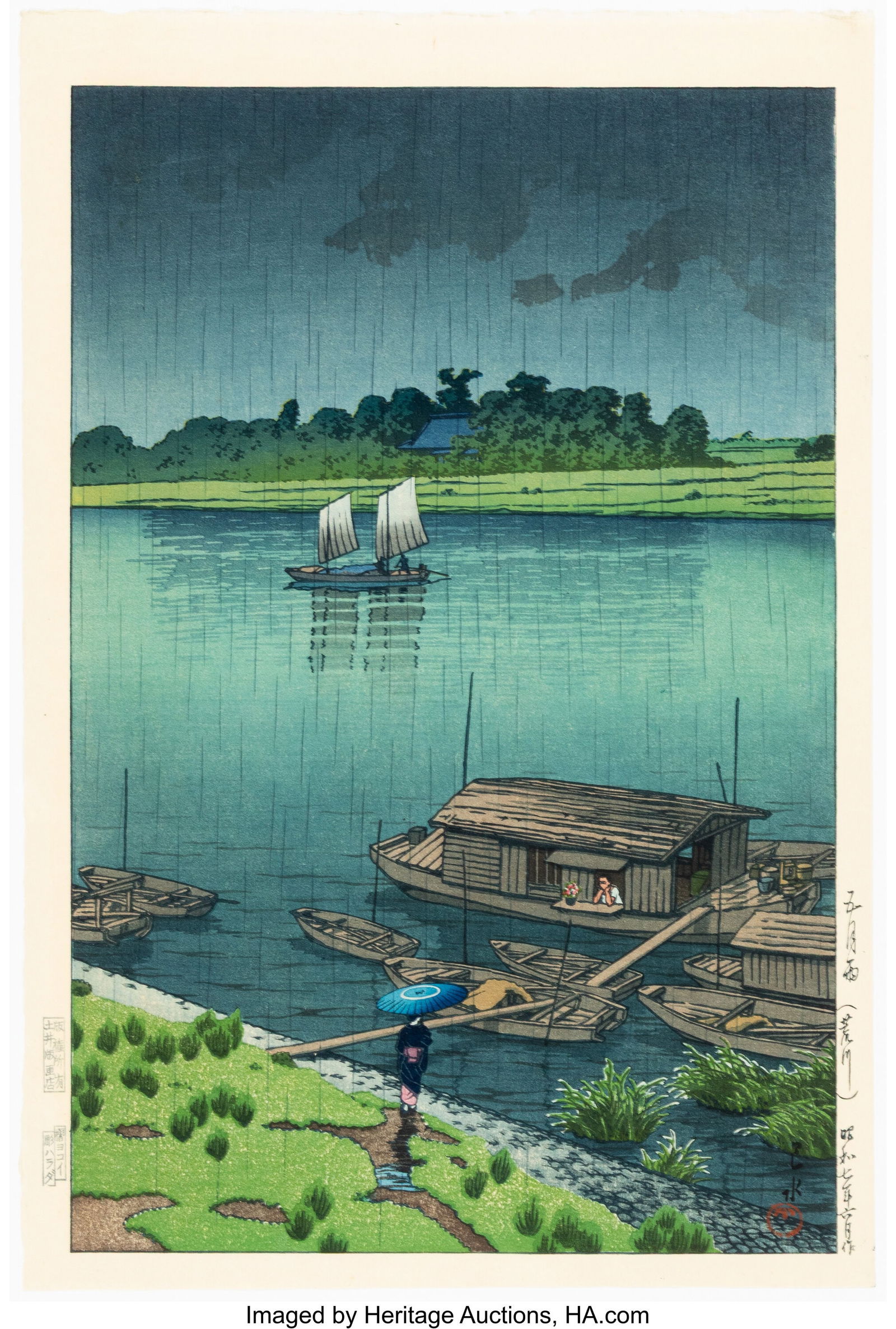 Kawase Hasui (Japanese, 1883-1957) Early Sumer R: Kawase Hasui (Japanese, 1883-1957) Early Sumer Rain, Arakawa (Samidare Arakawa), June 1932 (Showa 7) Woodblock print 15-5/8 x 10-1/2 inches &lpa