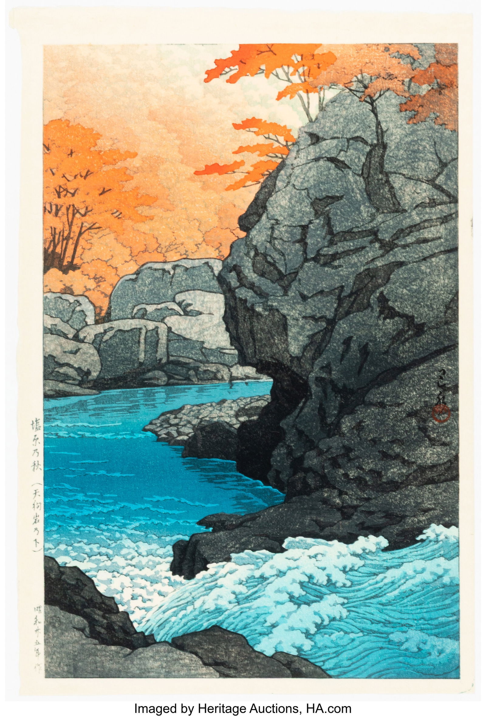 Kawase Hasui (Japanese, 1883-1957) Autumn in Shi: Kawase Hasui (Japanese, 1883-1957) Autumn in Shiobara, Below the Tengu Rock (Shiobara no aki (Tenguiwa no shita)), 1950 (Showa 25) Woodblock p