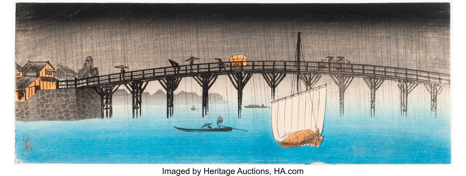 Takahashi Hiroaki (Shotei) (Japanese , 1871-1945: Takahashi Hiroaki (Shotei) (Japanese , 1871-1945) Rain over Makura River Wooblock print 5-1/2 x 14-5/8 inches (14.0 x 37.1 cm) (sheet&com