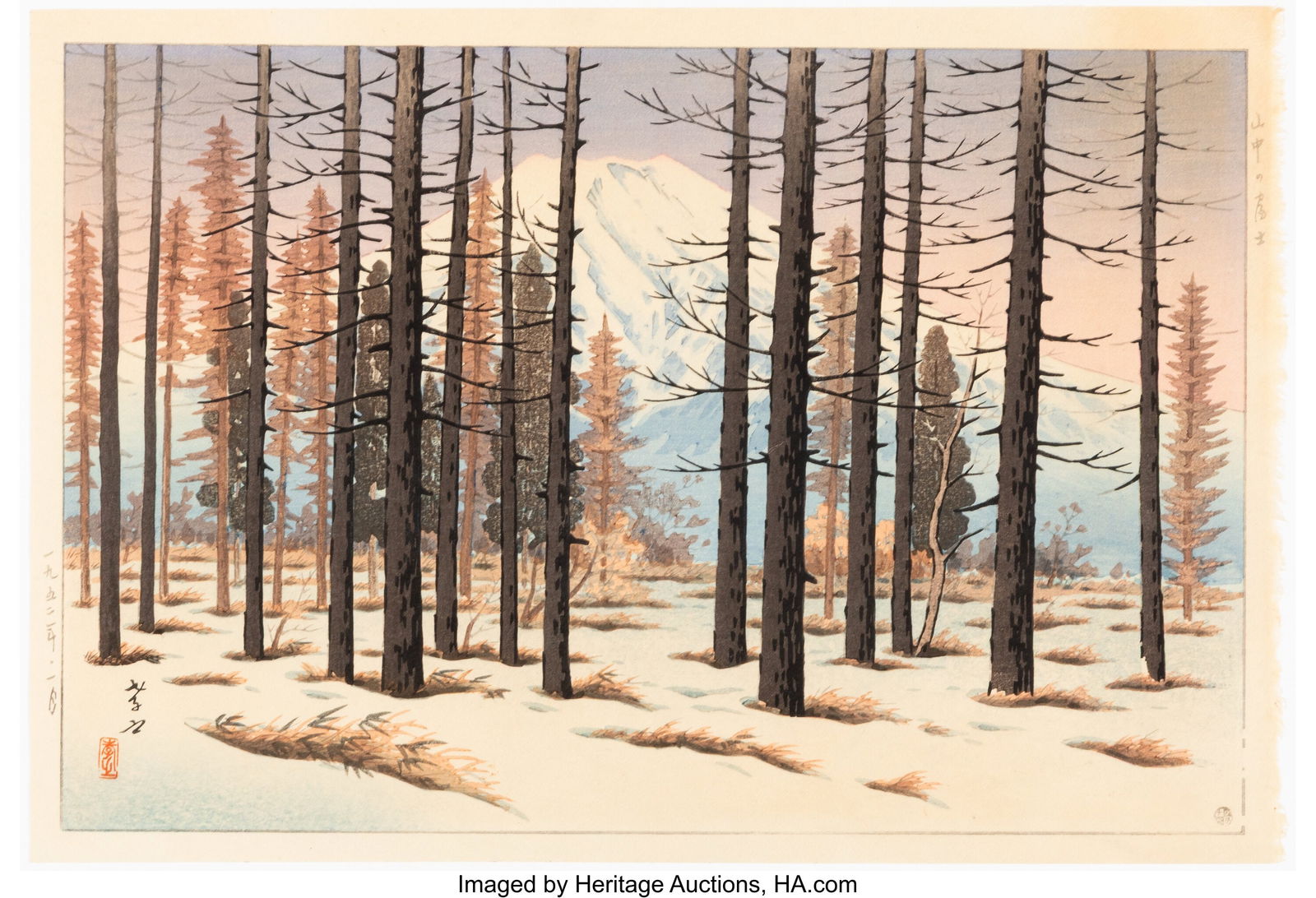 Ito Takashi (Japanese, 1894-1982) Group of Six W: Ito Takashi (Japanese, 1894-1982) Group of Six Works, "Sanchu no Fuji" (Mt Fuji in mountains), 1952 and 1959 Woodblock print 10-7/8 x 16-3/8 inches (