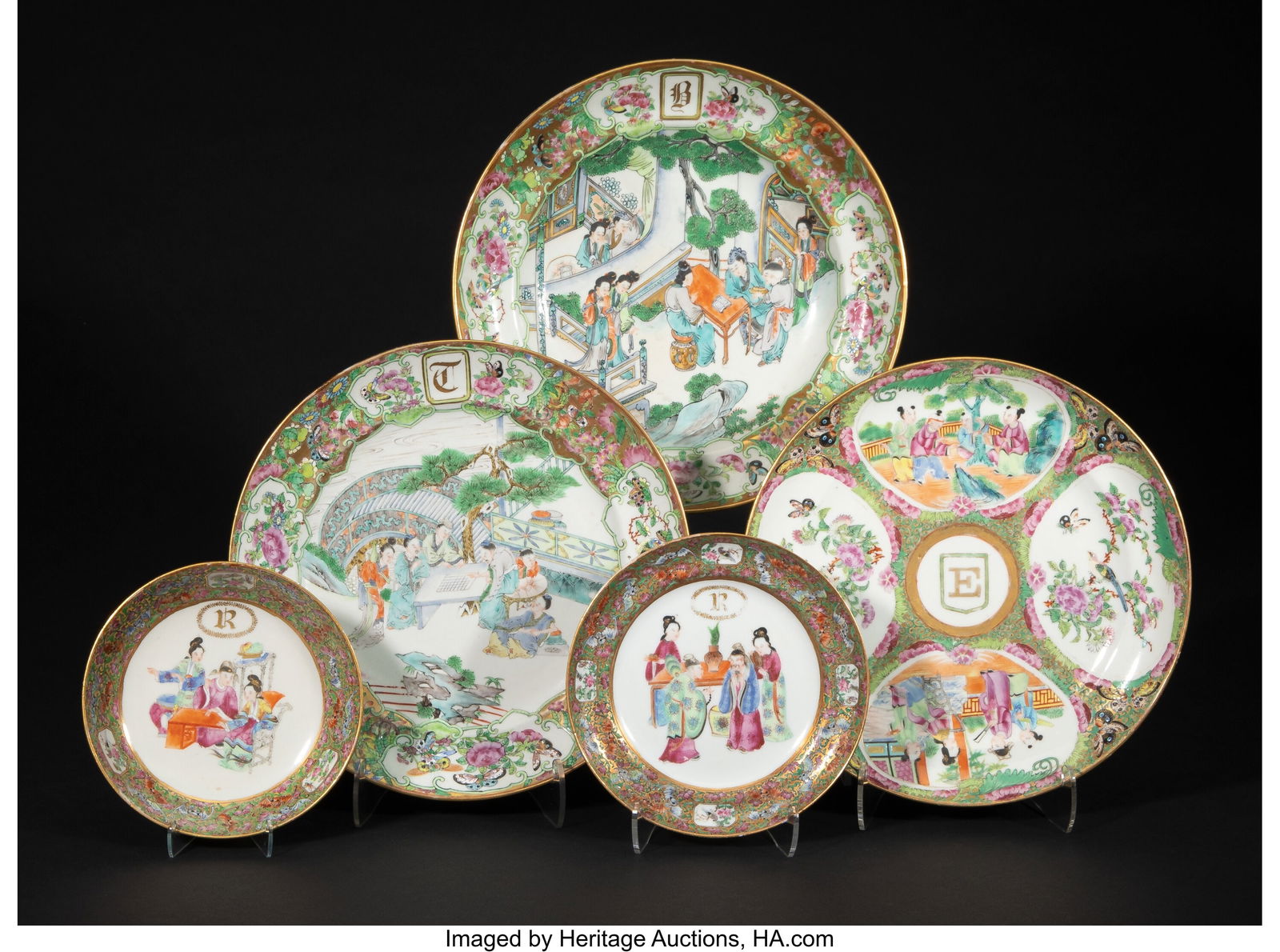 A Group of Five Chinese Export Rose Canton Monog (1 of 2)