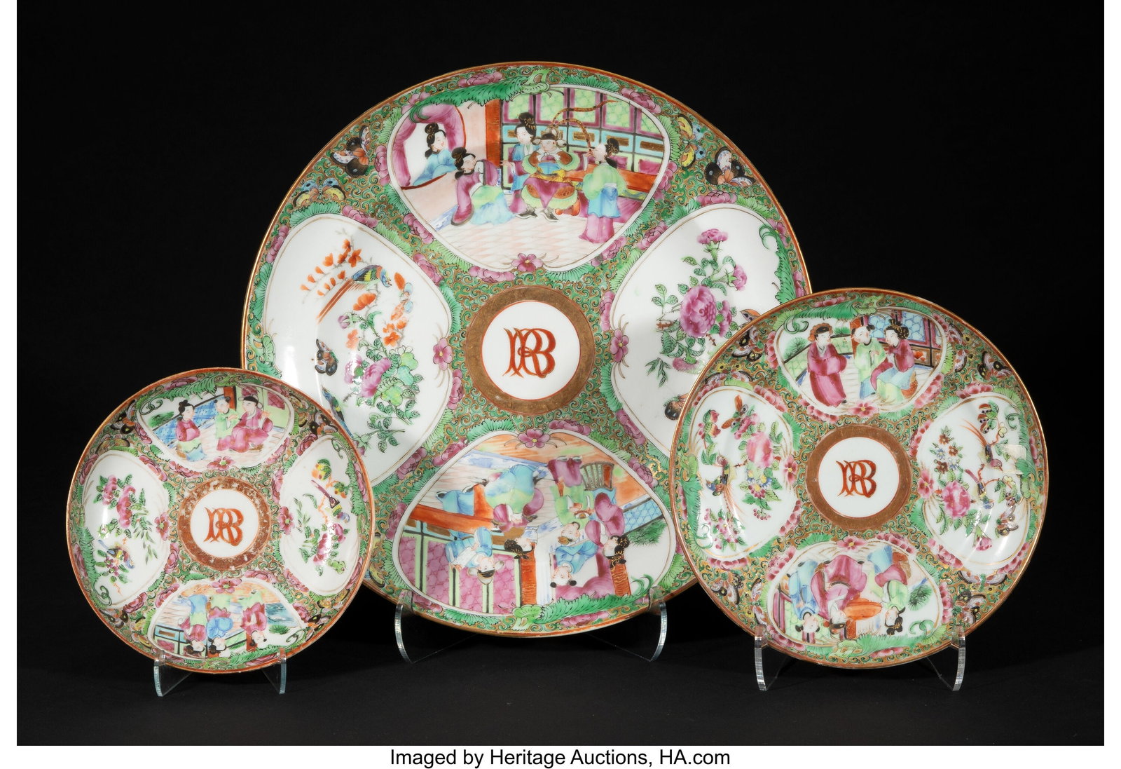 A Group of Three Chinese Export Rose Canton Mono: A Group of Three Chinese Export Rose Canton Monogrammed Dishes, mid 19th century 1-5/8 x 9-7/8 x 9-7/8 inches (4.1 x 25.1 x 25.1 cm) (largest&rpar