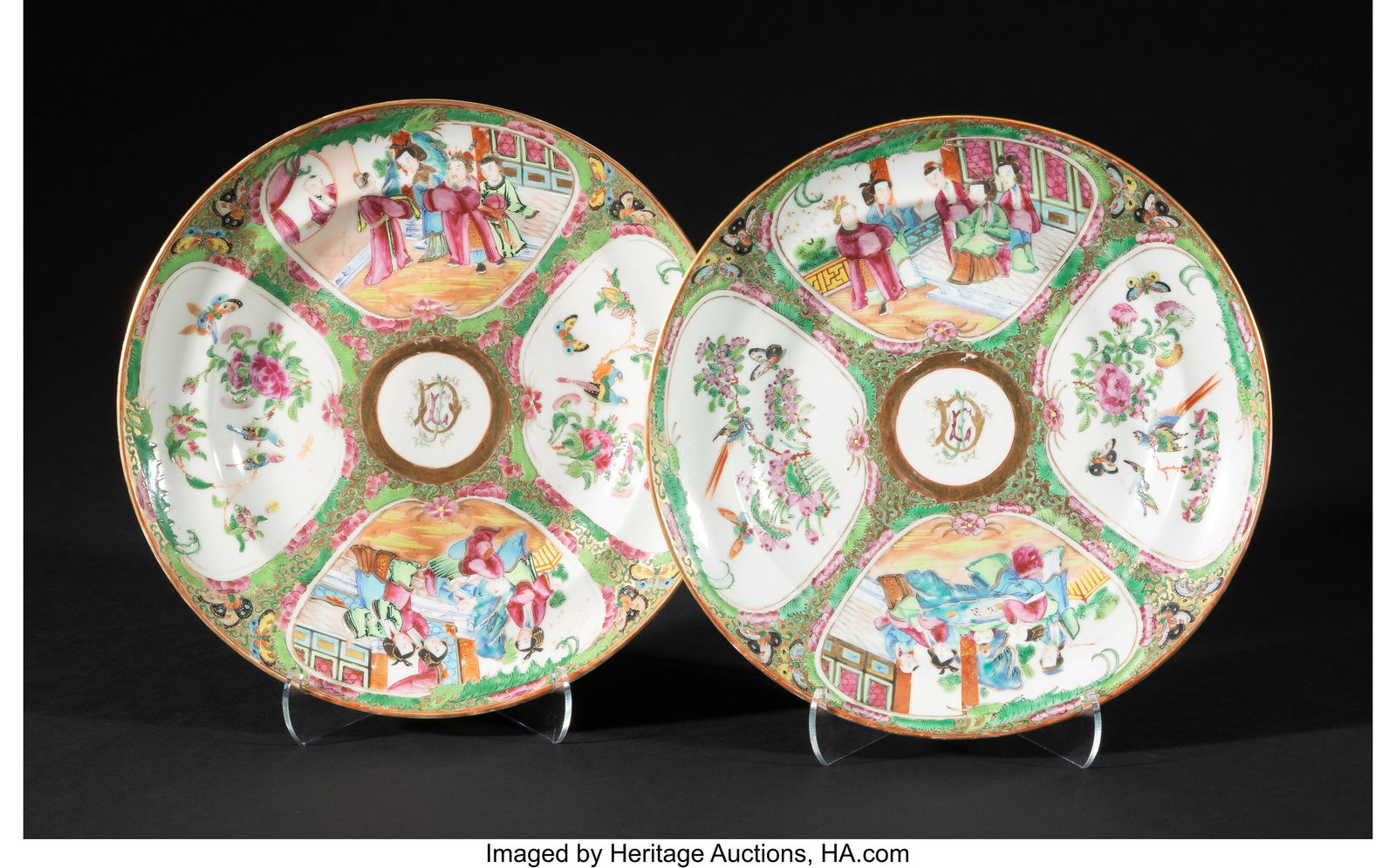 A Pair of Chinese Export Rose Canton Monogrammed: A Pair of Chinese Export Rose Canton Monogrammed Shallow Bowls, late 19th century 1-3/4 x 9-7/8 inches (4.4 x 25.1 cm) (each, diam.) Monogr