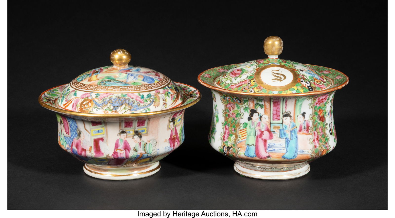 Two Chinese Export Rose Canton Covered Bowls, se (1 of 6)