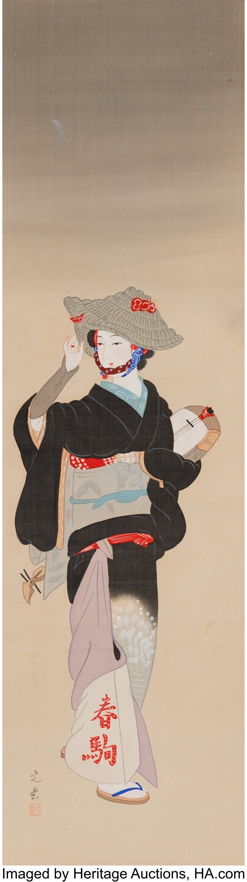 Unknown Artist (Japanese, 20th century) Bird Cha: Unknown Artist (Japanese, 20th century) Bird Chasing Musician (Tori-oi Onna) Hanging scroll; ink and color on silk 75-1/2 x 16-7/8 inches (191.8 x 42