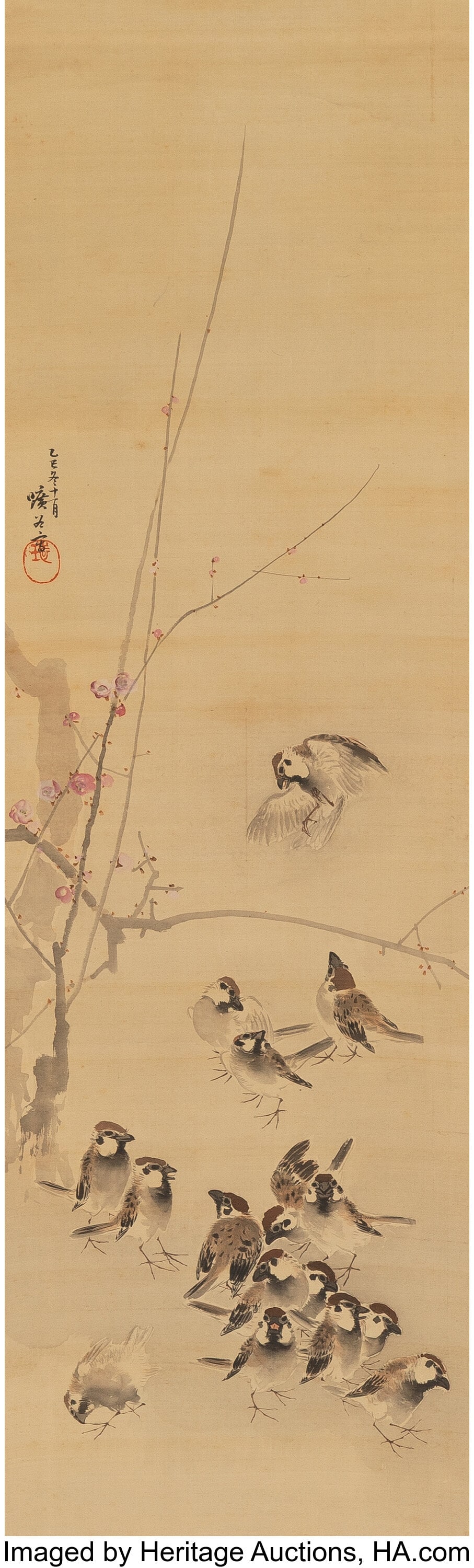 Unknown Artist (Japanese, 19th/20th century) Spa: Unknown Artist (Japanese, 19th/20th century) Sparrows and Plums, early 20th century Hanging scroll; ink and color on silk 45-5/8 x 13-7/8 inches (115&period