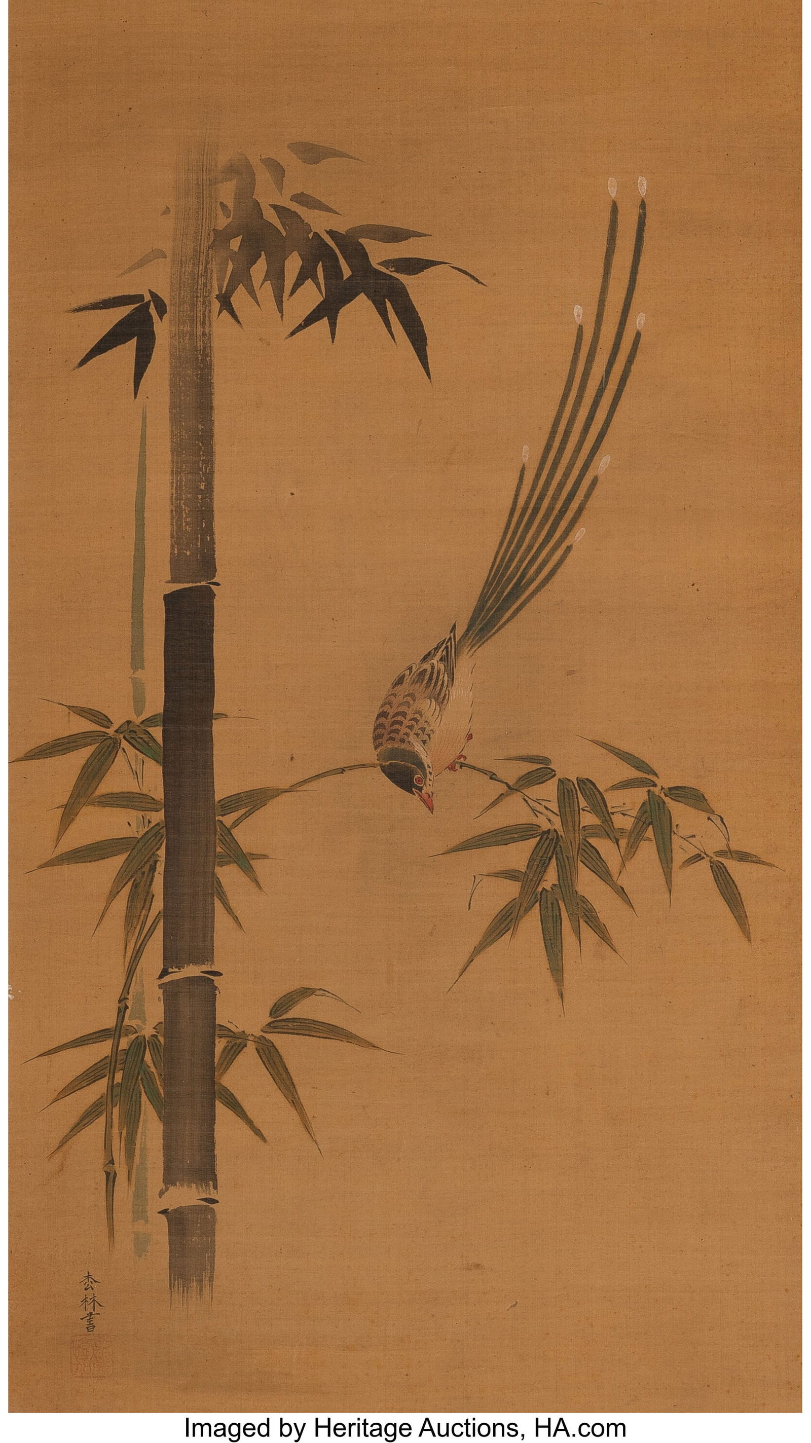 Unknown Artist (Japanese, 19th century) Bird and: Unknown Artist (Japanese, 19th century) Bird and Bamboo Hanging scroll; ink and color on silk 36-3/4 x 15-7/8 inches (93.3 x 40.3 cm) (work&rp