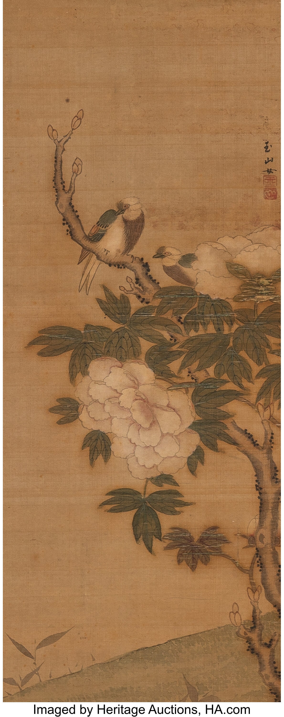 Uknown Artist (Japanese, 19th century) Birds and: Uknown Artist (Japanese, 19th century) Birds and Peony Hanging scroll; ink and color on silk 57 x 14-1/8 inches (144.8 x 35.9 cm) (overall) 2