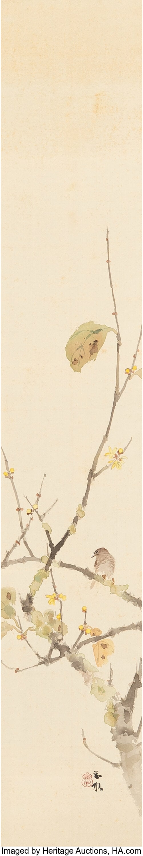 Maruyama–Shijō School (Japanese, 20th century: Maruyama–Shijō School (Japanese, 20th century) Bird in Plum Blossom Hanging scroll; ink and color on silk 48-1/2 x 8-1/4 inches (123.2 x 21.