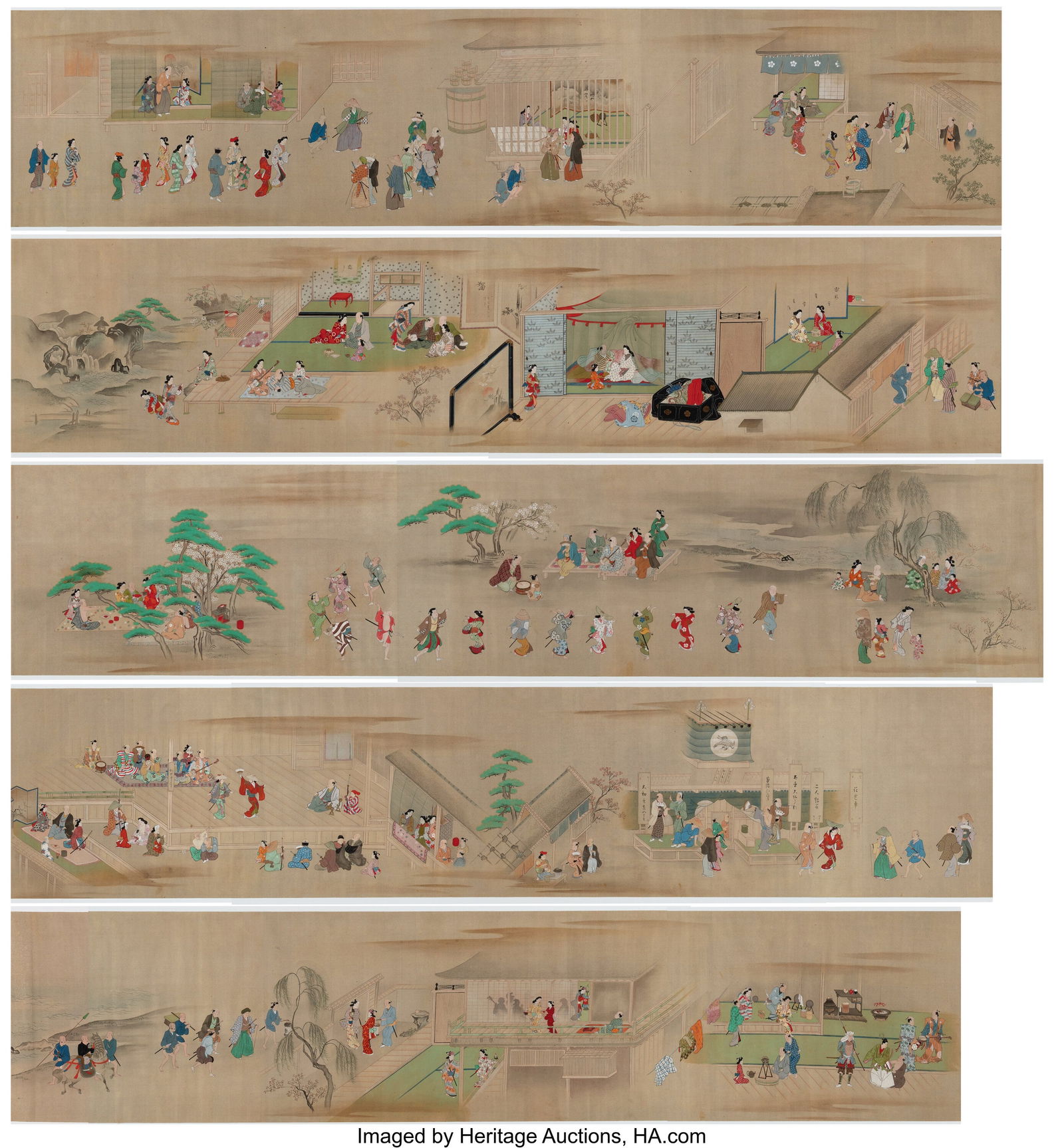 Hishikawa School, 18th/19th century Scenes in Th: Hishikawa School, 18th/19th century Scenes in Theatre Teahouse Handscroll; ink and color on silk 13-7/8 x 335-1/2 inches (35.2 x 852.2 cm) (work&rpa