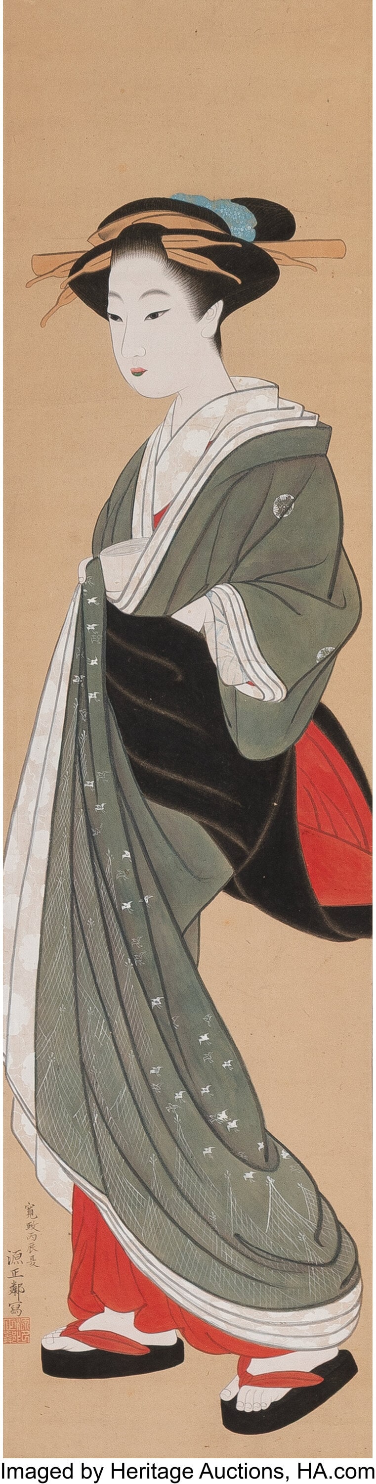 Attributed to Gyokuhō (Japanese, 20th century): Attributed to Gyokuhō (Japanese, 20th century) Bijin-ga Hanging scroll; ink and color on paper 43 x 11 inches (109.2 x 27.9 cm) (work) Sign