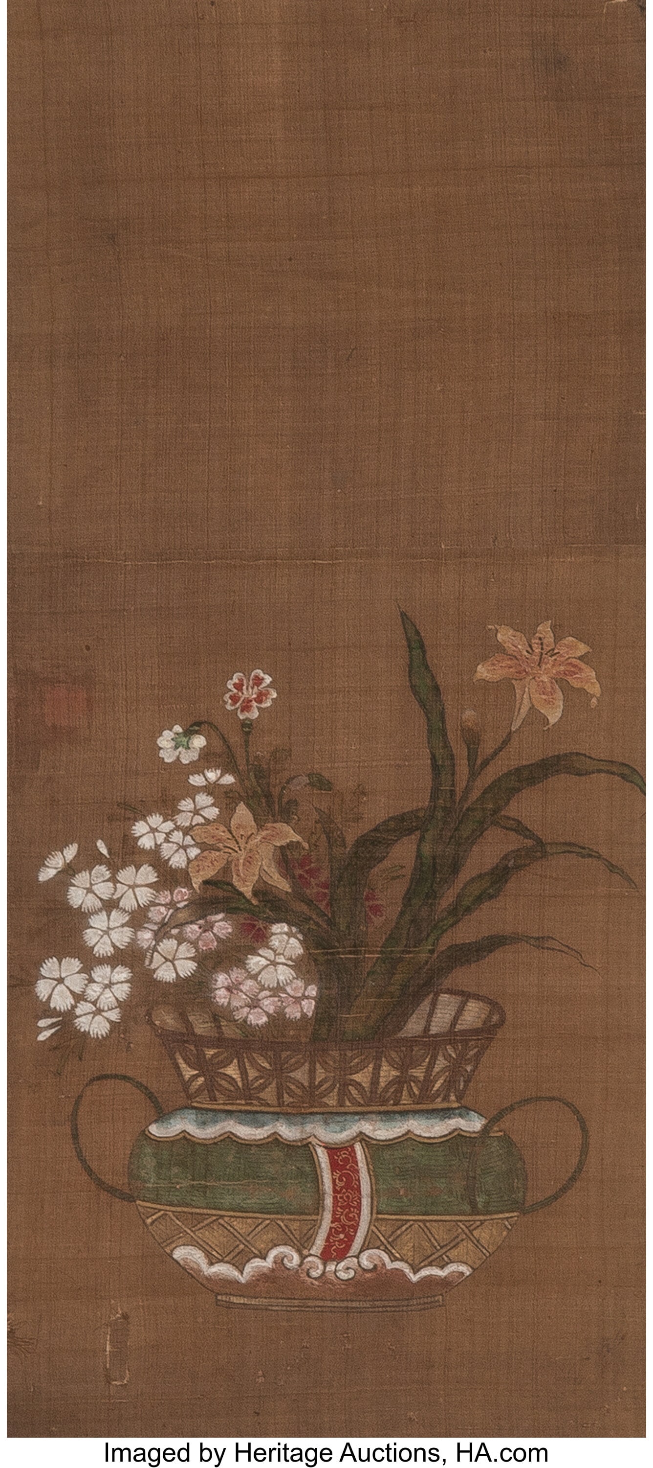Anonymous (Japanese, 19th century) Flowers in Ba: Anonymous (Japanese, 19th century) Flowers in Basket Hanging scroll; ink and color on silk 22 x 9-3/4 inches (55.9 x 24.8 cm) (work) One effa