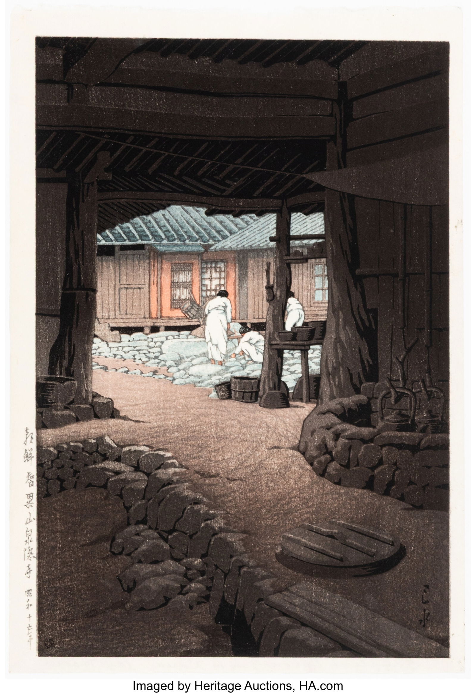 Kawase Hasui (Japanese, 1883-1957) The Choeneuns: Kawase Hasui (Japanese, 1883-1957) The Choeneunsa Temple, Mount Jirisan, Korea, (Chosen Chiizan Sen'in-ji), from the series Views of Korea, Cont