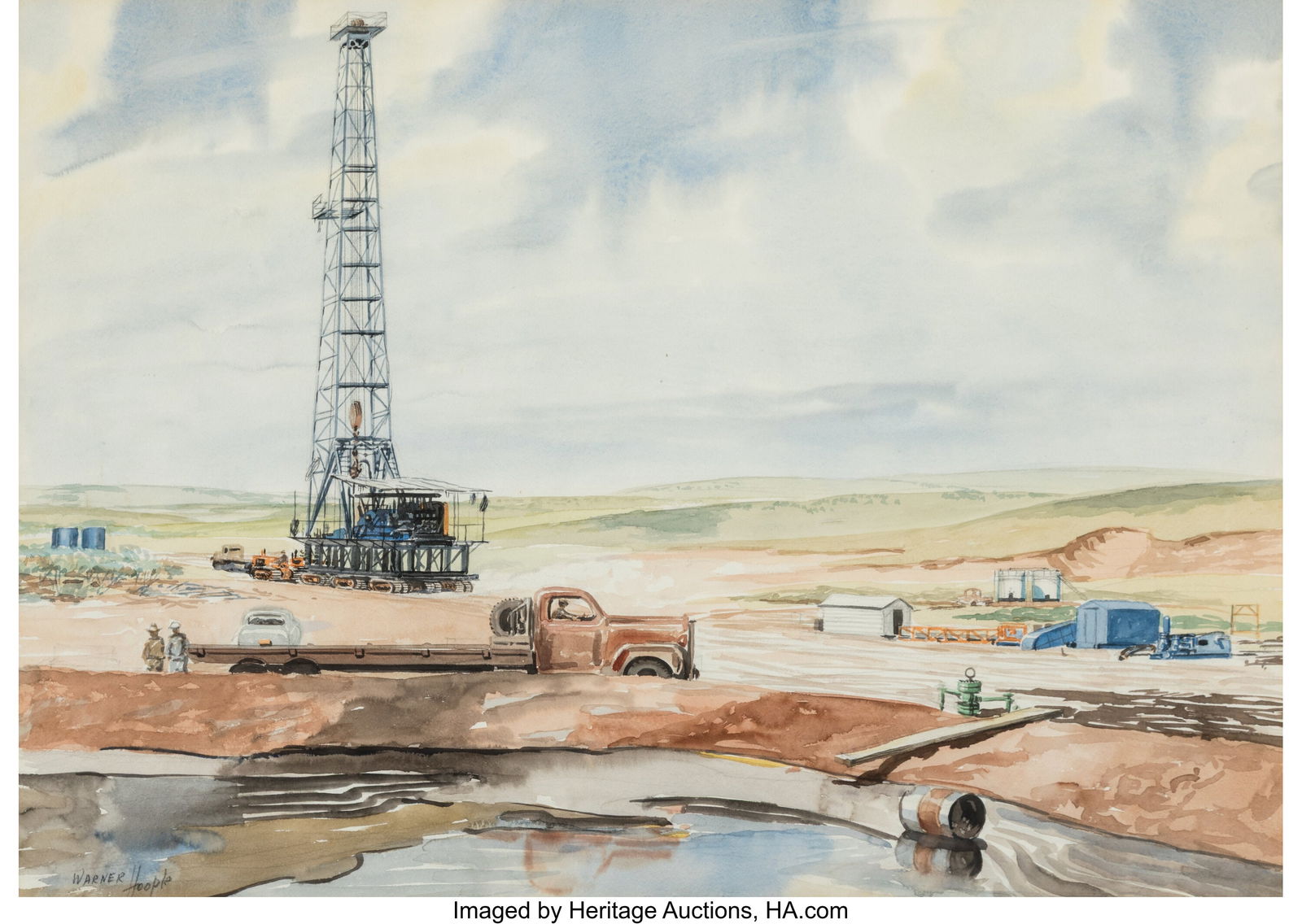 Warner Hoople (American, 1904-1989) Tending to t: Warner Hoople (American, 1904-1989) Tending to the Rigs Watercolor and pencil on wove paper 15-1/2 x 21 inches (39.4 x 53.3 cm) (sight) Signed low