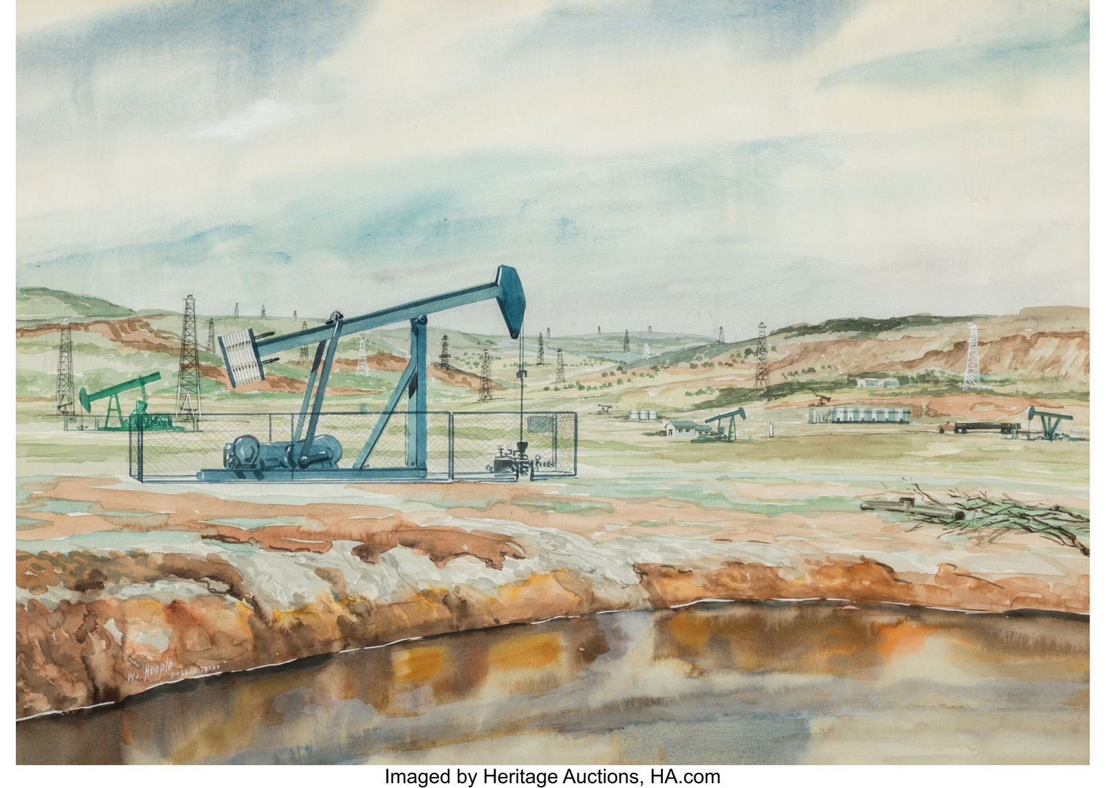Warner Hoople (American, 1904-1989) Pit, Pumpjac: Warner Hoople (American, 1904-1989) Pit, Pumpjacks, and Derricks Watercolor and pencil on wove paper 15-1/2 x 21-1/2 inches (39.4 x 54.6 cm)