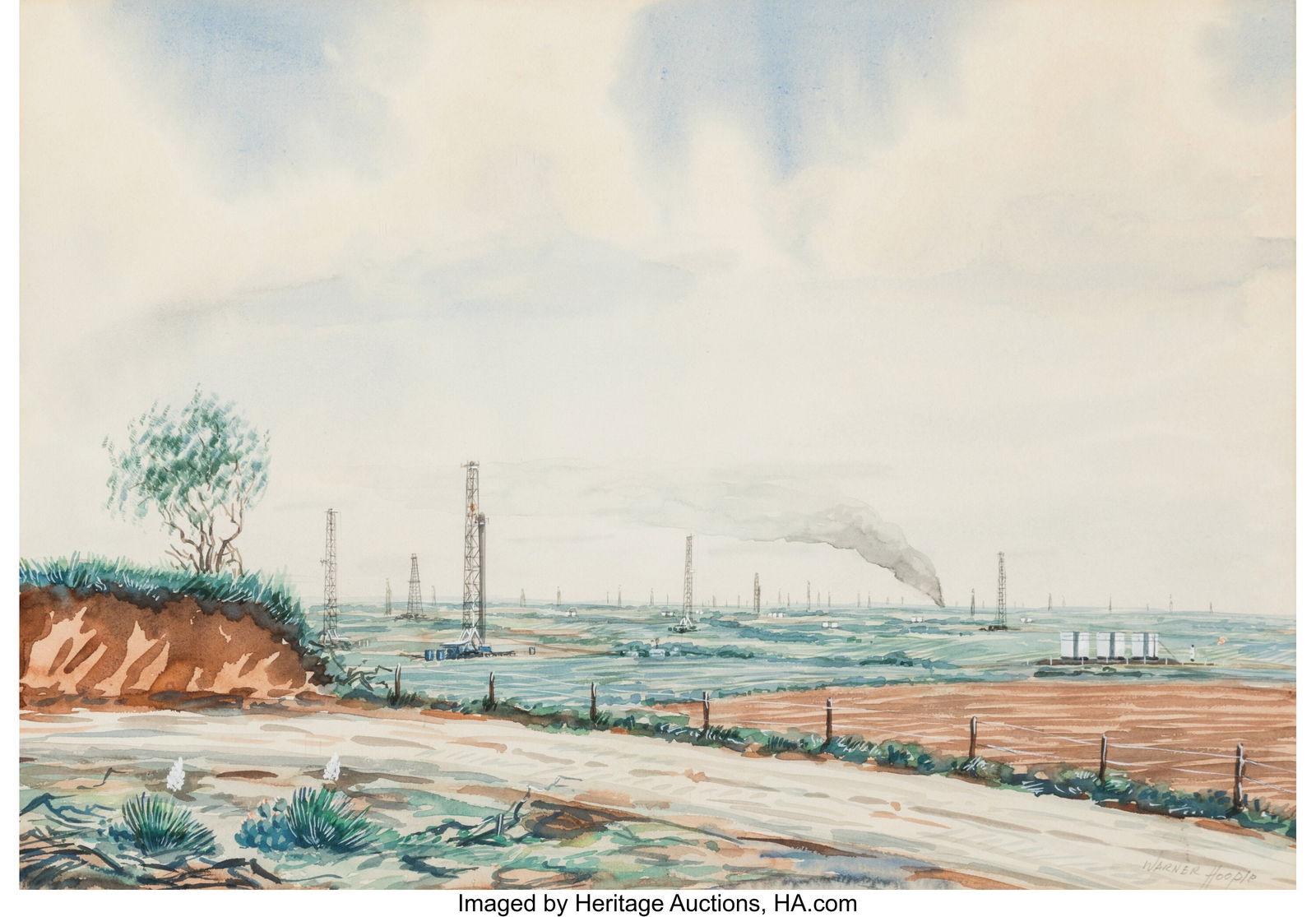 Warner Hoople (American, 1904-1989) Dust Road to: Warner Hoople (American, 1904-1989) Dust Road to the Oilfields Watercolor and pencil on wove paper 14 x 20 inches (35.6 x 50.8 cm) (sight) Signed lowe