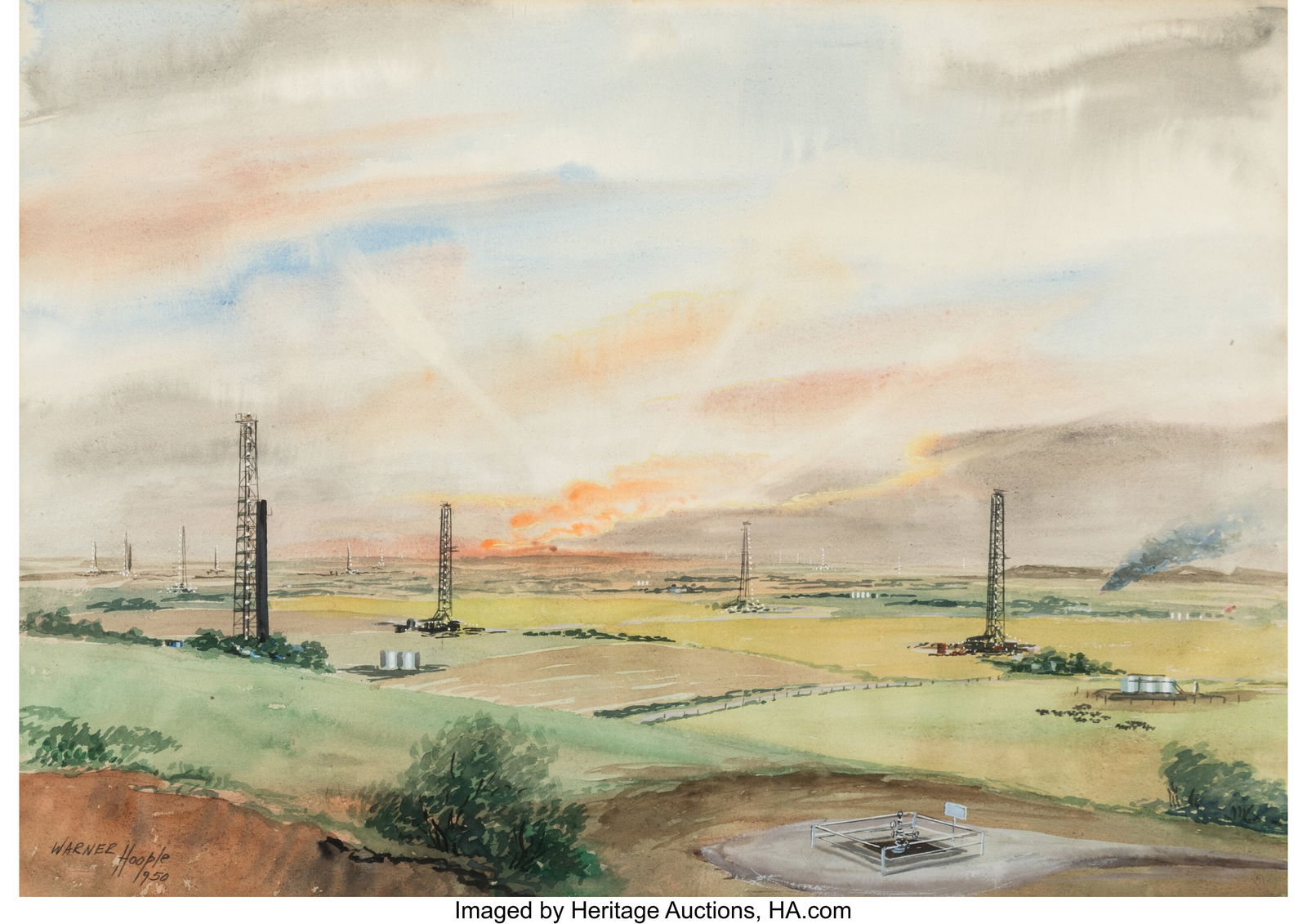 Warner Hoople (American, 1904-1989) Valley with: Warner Hoople (American, 1904-1989) Valley with Rigs and Tank Batteries, 1950 Watercolor and pencil on wove paper 14-1/2 x 21 inches (36.8 x 53.3 cm)