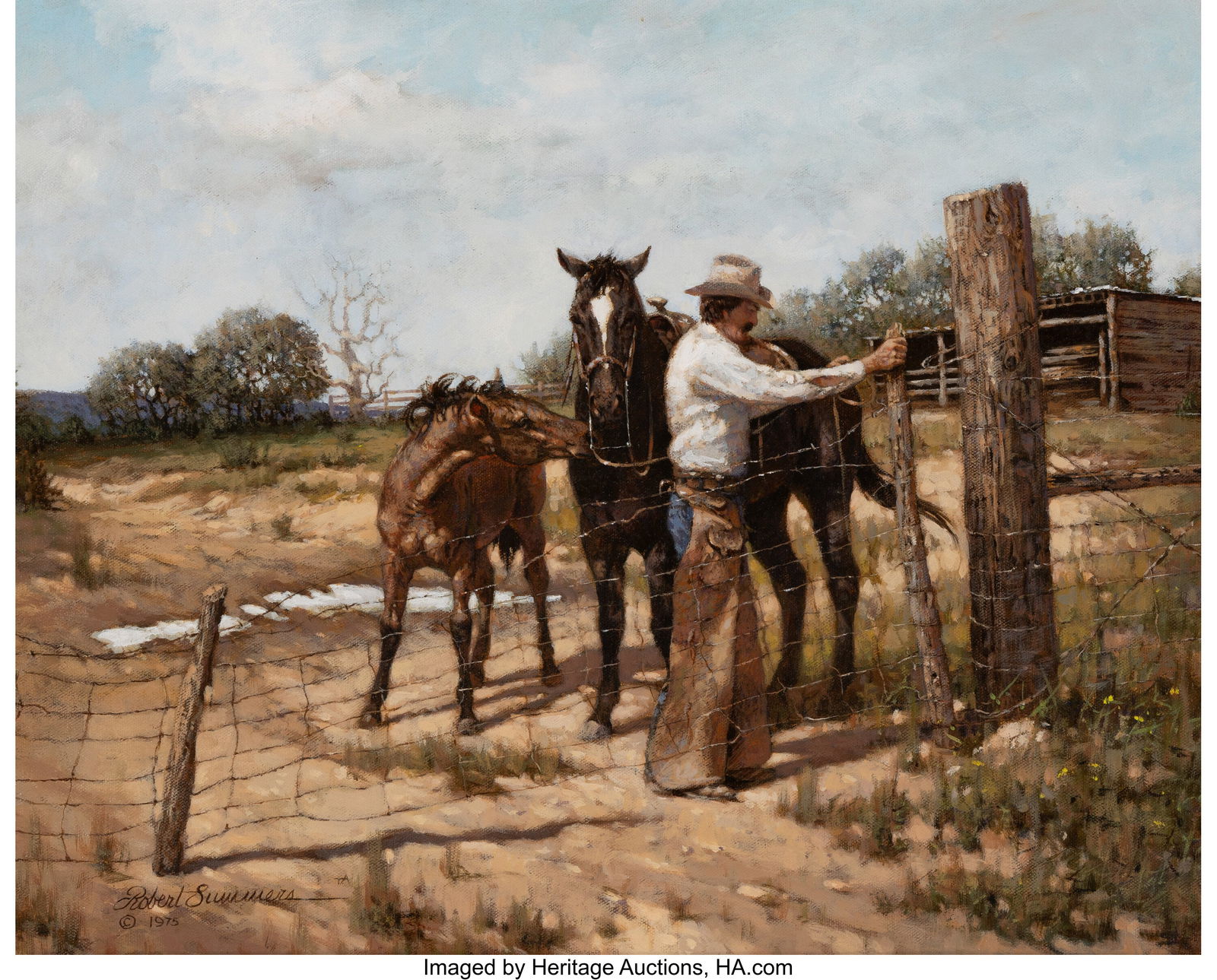 Robert Summers (American, b. 1940) At the Hitchi: Robert Summers (American, b. 1940) At the Hitching Post, 1975 Oil on canvas 16-1/2 x 20 inches (41.9 x 50.8 cm) Signed lower left: Robert