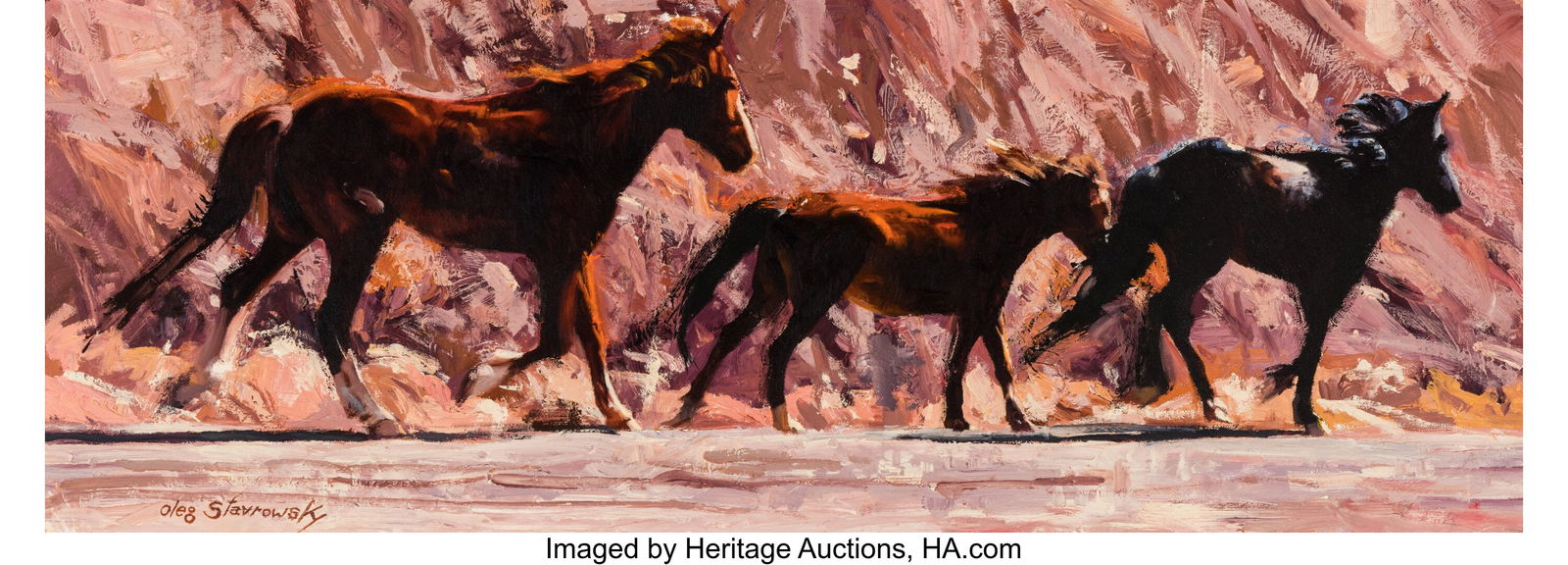 Oleg Stavrowsky (Russian/American, 1927-2020) Le: Oleg Stavrowsky (Russian/American, 1927-2020) Let's Romp Over to Another Pasture Oil on canvas 14-1/2 x 38 inches (36.8 x 96.5 cm) Signed lower left&col