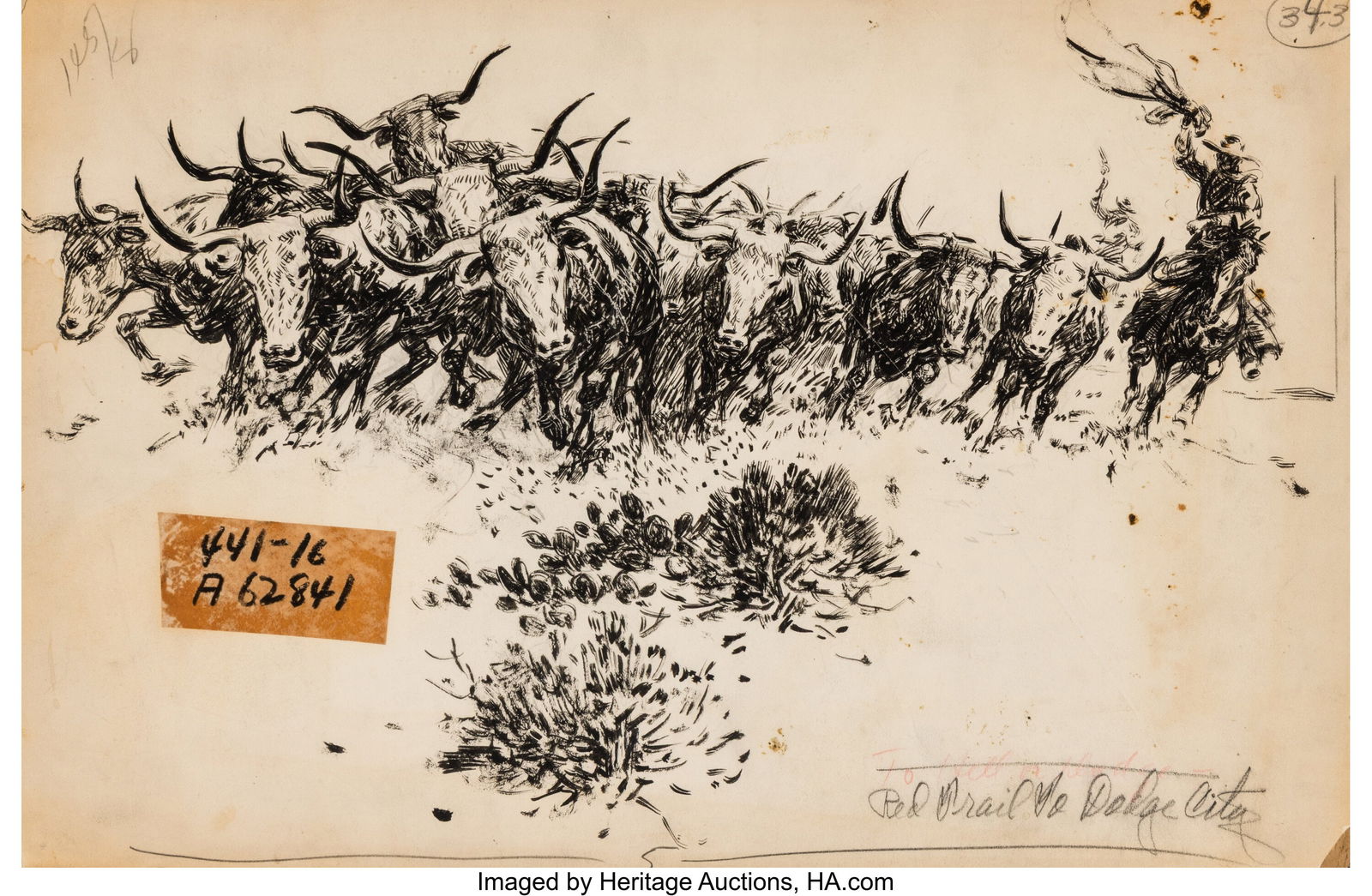 Nick Eggenhofer (American, 1897-1985) Red Trail: Nick Eggenhofer (American, 1897-1985) Red Trail to Dodge City Ink on board 9-3/4 x 14-7/8 inches (24.8 x 37.8 cm) PROVENANCE: Private collection&c