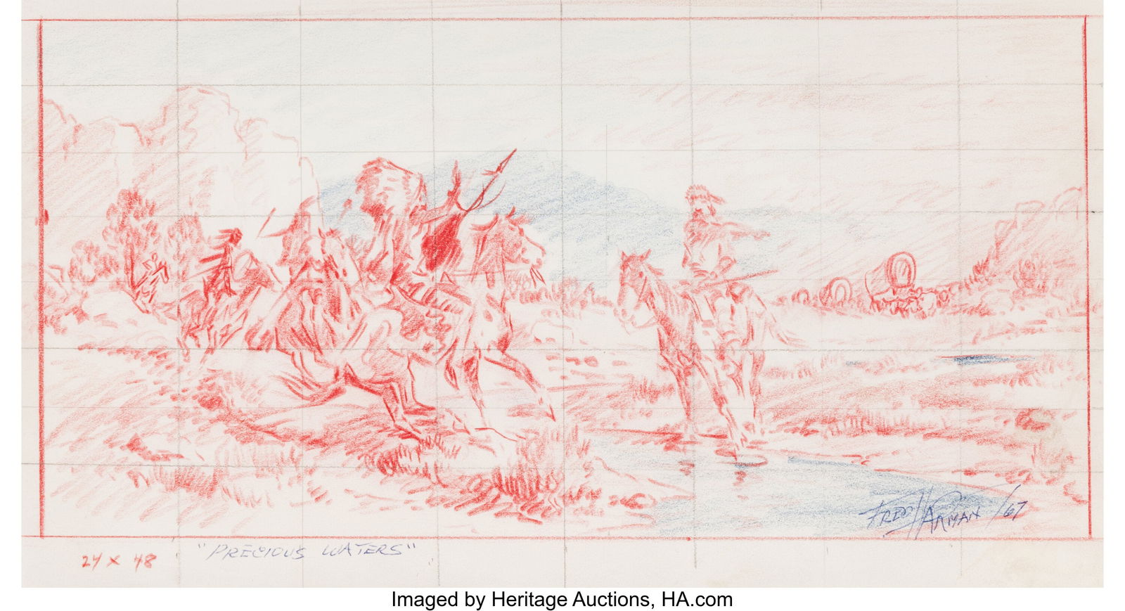 Fred Harman (American, 1902-1982) Precious Water: Fred Harman (American, 1902-1982) Precious Waters, 1967 Pencil on paper 6-1/4 x 11-1/2 inches (15.9 x 29.2 cm) (sight) Signed and dated