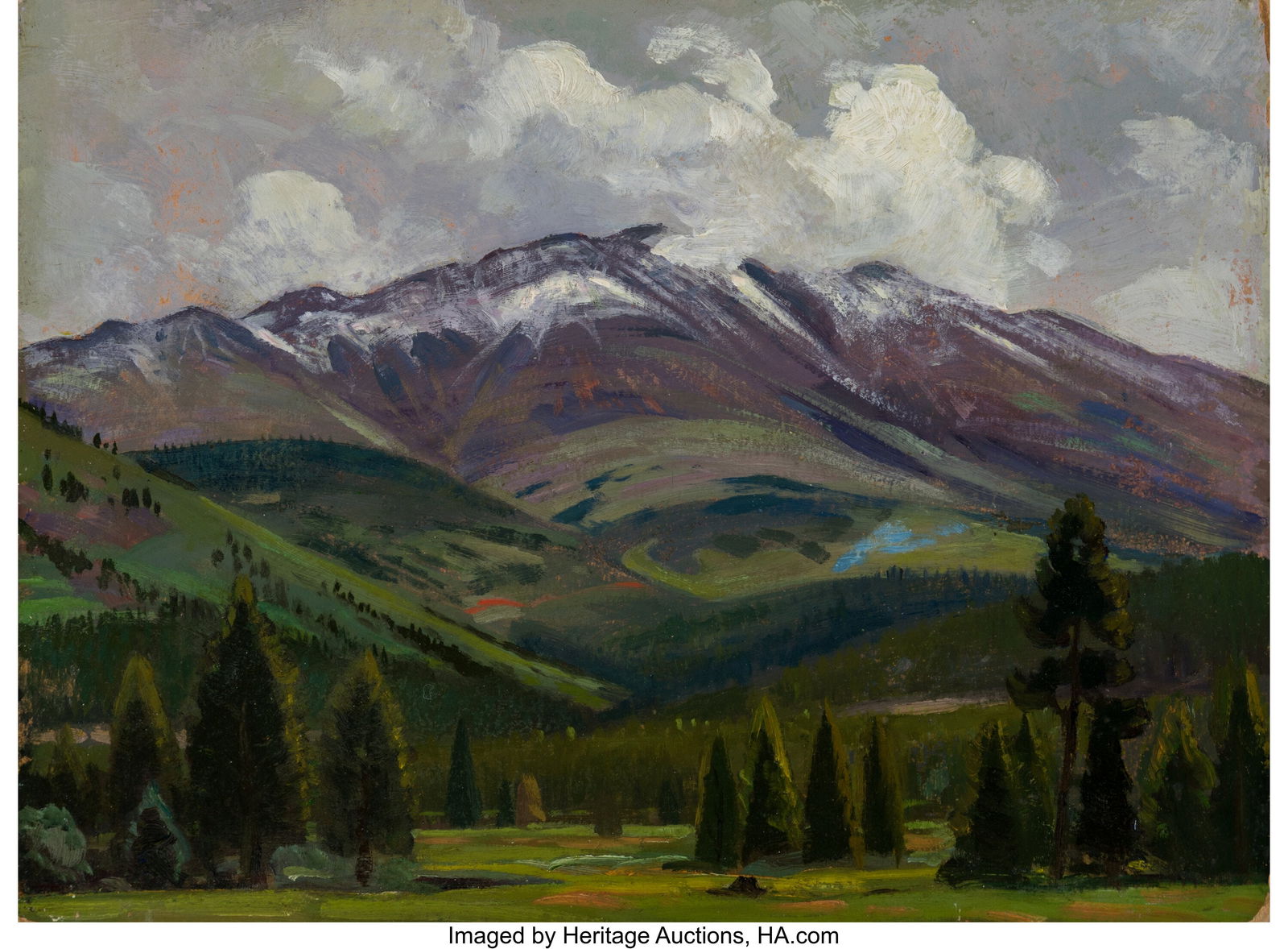 Olin Travis (American, 1888-1975) Breckenridge O: Olin Travis (American, 1888-1975) Breckenridge Oil on wood panel 16 x 12 inches (40.6 x 30.5 cm) Inscribed with title and artist name on the reverse: Brec