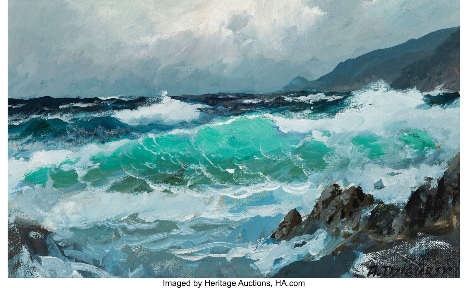 Alexander Dzigurski II (American, b. 1968) Crash: Alexander Dzigurski II (American, b. 1968) Crashing Waves Oil on canvas 9-3/4 x 15-1/2 inches (24.8 x 39.4 cm) Signed lower right: A&period