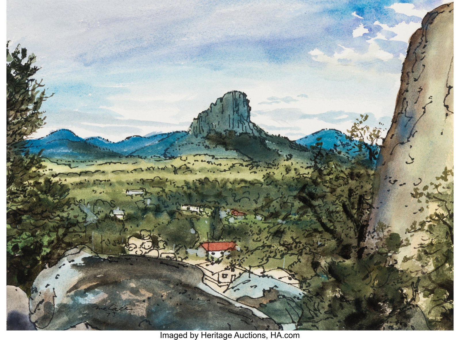 Robert Theodore McCall (American, 1919-2010) Pre: Robert Theodore McCall (American, 1919-2010) Prescot View, 1973 Watercolor on paper 10-5/8 x 14-1/2 inches (27.0 x 36.8 cm) (sight) Sign