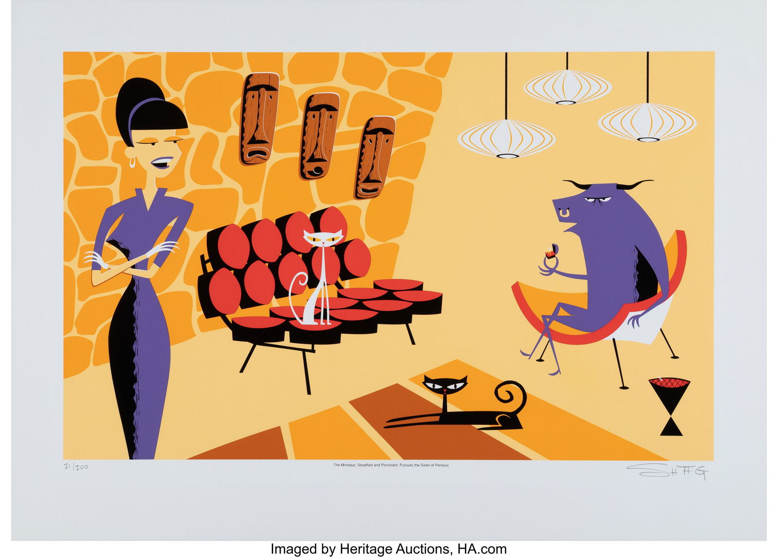 SHAG (b. 1962) The Minotaur, Steadfast and Persi: SHAG (b. 1962) The Minotaur, Steadfast and Persistant, Pursues the Sister of Perseus, 1999 Screenprint in colors on wove paper 20-1/4 x 28-1/4 inches (5