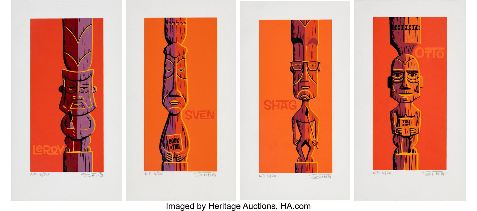 SHAG (b. 1962) The Tiki Quartet (quadtych), 2005: SHAG (b. 1962) The Tiki Quartet (quadtych), 2005 Screenprints in colors on wove paper 10 x 6 inches (25.4 x 15.2 cm) (sheet, each&rp