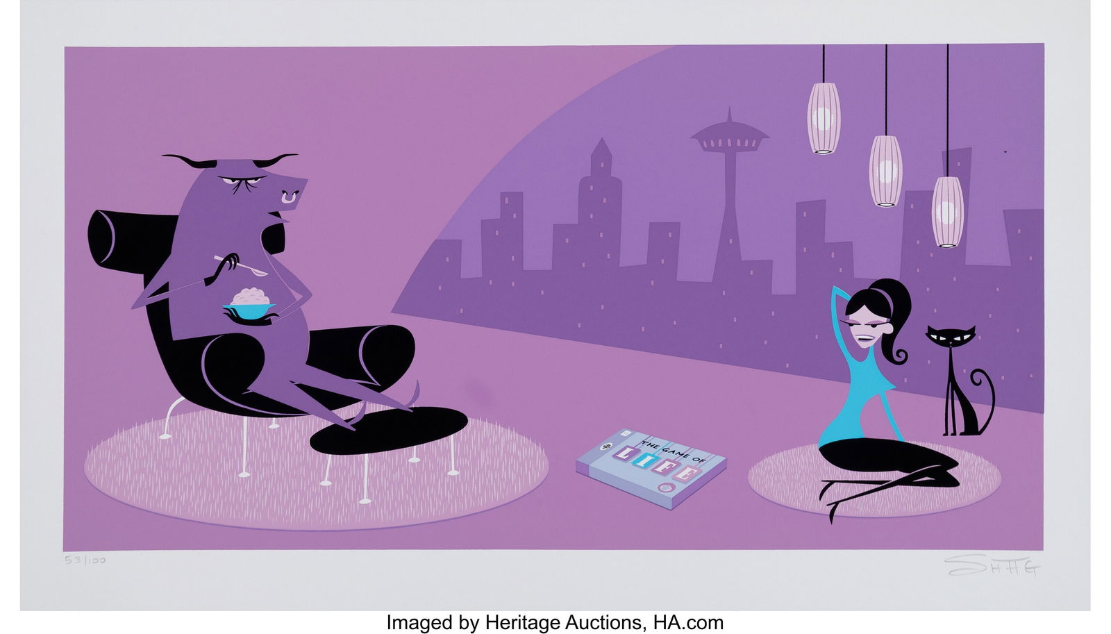 SHAG (b. 1962) Game of Life, 2002 Screenprint in: SHAG (b. 1962) Game of Life, 2002 Screenprint in colors on wove paper 14-1/4 x 25 inches (36.2 x 63.5 cm) (sheet) Ed. 53/100 Sig