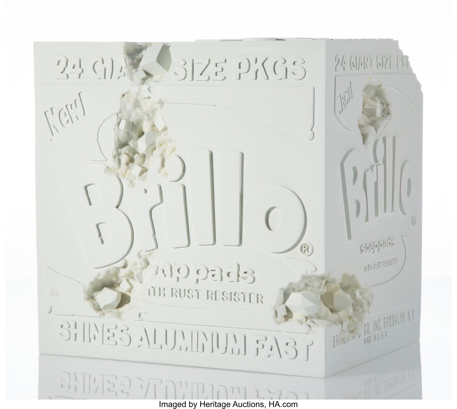 Daniel Arsham (b. 1980) Eroded Brillo Box (Blue): Daniel Arsham (b. 1980) Eroded Brillo Box (Blue), 2020 Hydrostone with quartz crystals 9-3/4 x 9-3/4 x 9-3/4 inches (24.8 x 24.8 x 24&pe