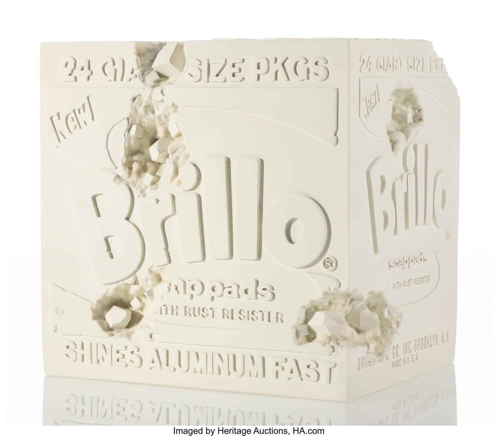 Daniel Arsham (b. 1980) Eroded Brillo Box (White: Daniel Arsham (b. 1980) Eroded Brillo Box (White), 2020 Hydrostone with quartz crystals 9-3/4 x 9-3/4 x 9-3/4 inches (24.8 x 24.8 x 24&p