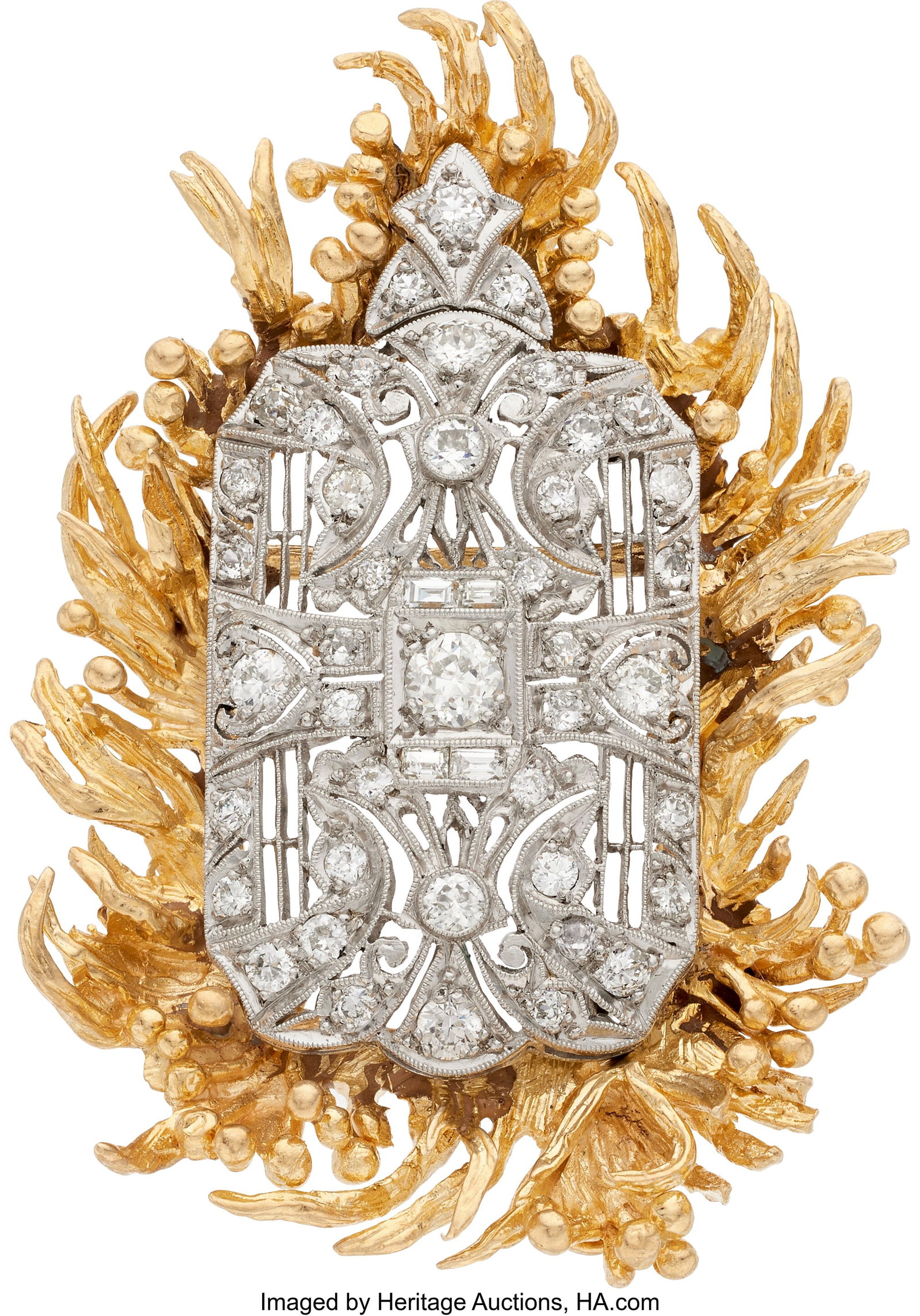 Diamond, Platinum, Gold Convertible Brooch Ston: Diamond, Platinum, Gold Convertible Brooch Stones: European-cut diamonds weighing a total of approximately 1.35 carats; baguette-shaped diamonds weighing a total of appro