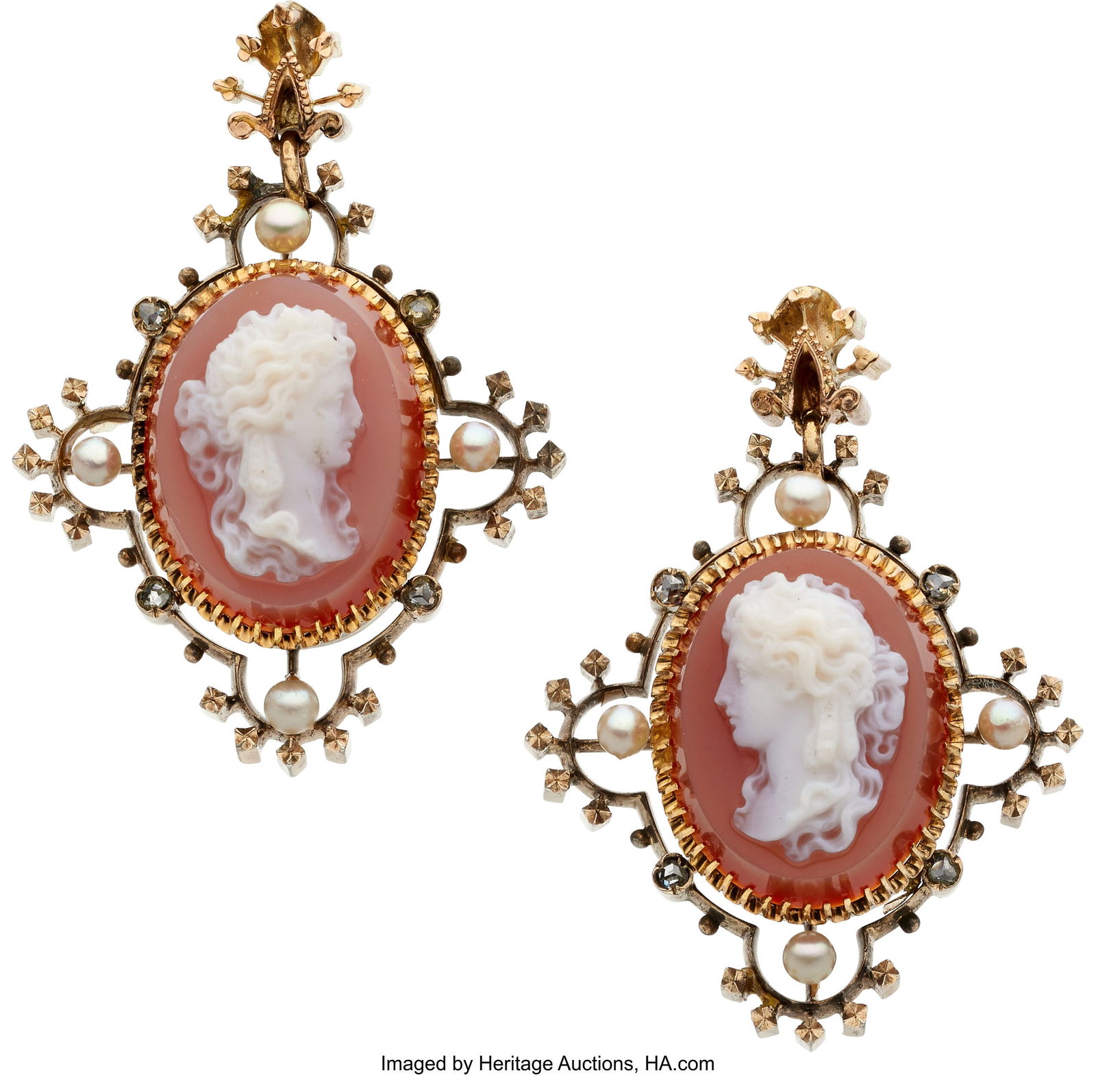 Sardonyx, Gold Earrings Stones: Sardonyx cameo;: Sardonyx, Gold Earrings Stones: Sardonyx cameo; rose-cut diamonds Pearls: Cultured pearls measuring approximately 2.40 - 2.70 mm Metal: 14k gold Gross Weight