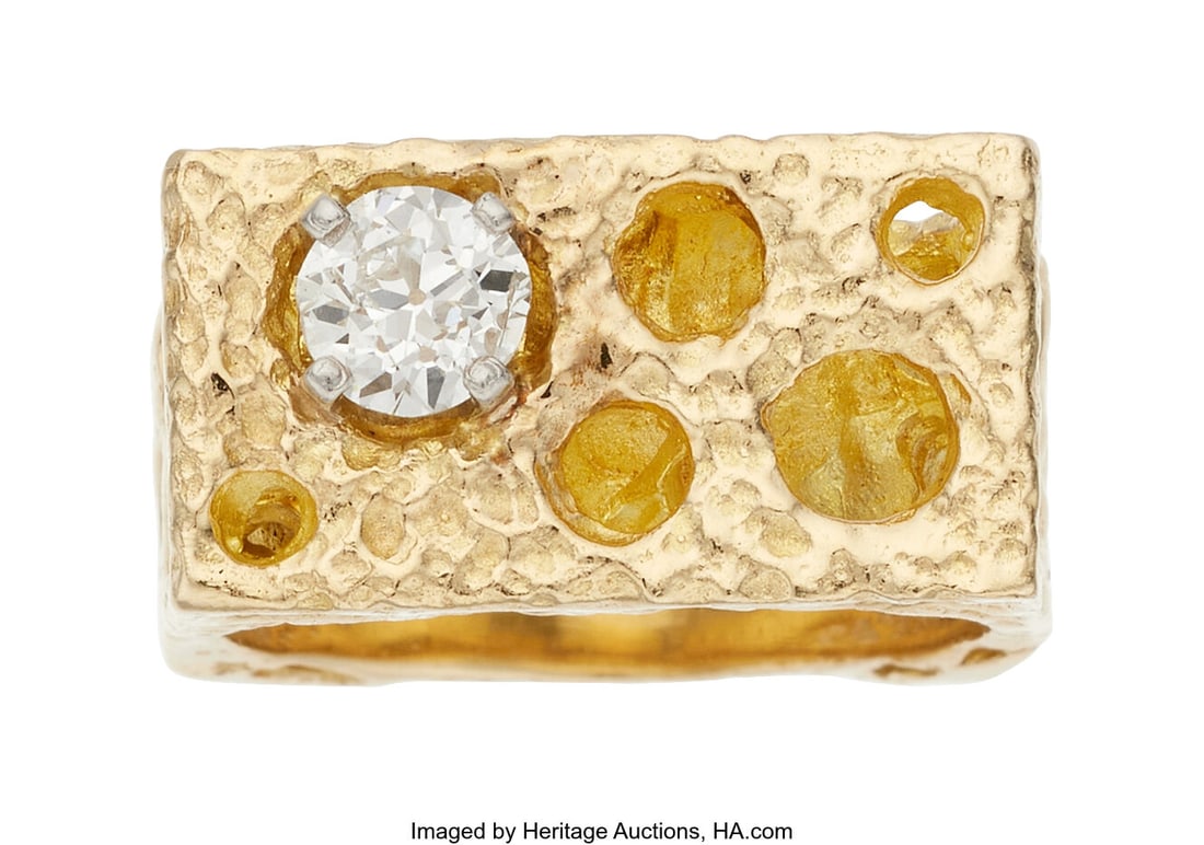 Diamond, Gold Ring Stones: Round brilliant-cut: Diamond, Gold Ring Stones: Round brilliant-cut diamond weighing approximately 0.75 carat Metal: 14k gold Gross Weight: 15.90 grams Size: 9-1/2 (not