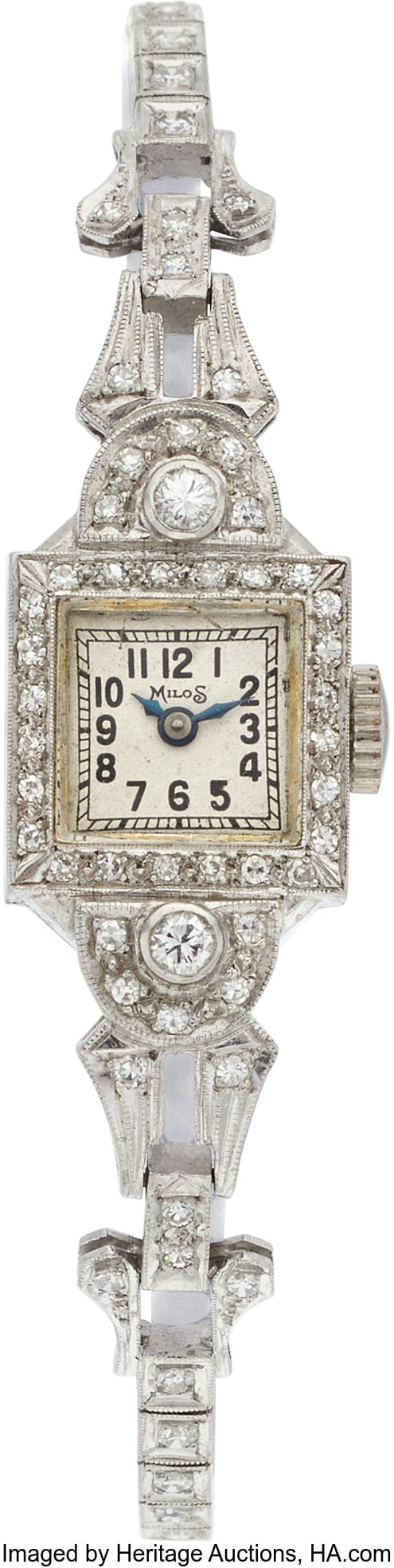 Swiss Art Deco Diamond, Platinum Watch Case: 13: Swiss Art Deco Diamond, Platinum Watch Case: 13 x 13 mm, square, platinum, snapback, diamond-set bezel Dial: White, black Arabic numerals, blued