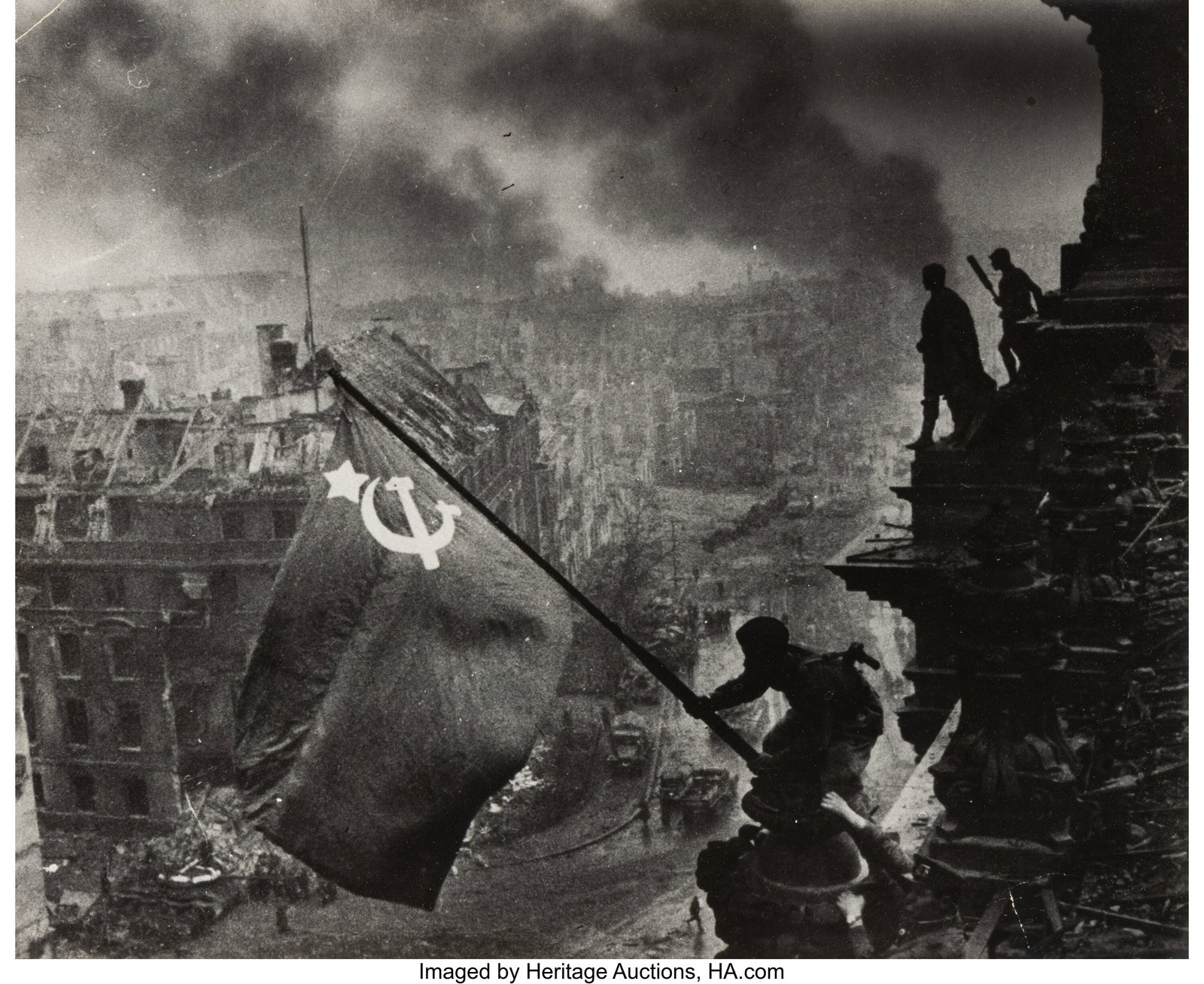 Yevgeni Khaldei (Russian, 1917-1997) Raising the: Yevgeni Khaldei (Russian, 1917-1997) Raising the Red Flag Over the Reichstag, 1945 Gelatin silver print, printed later, ferrotyped 8-1/2 x 10-1/4 inches &lpar