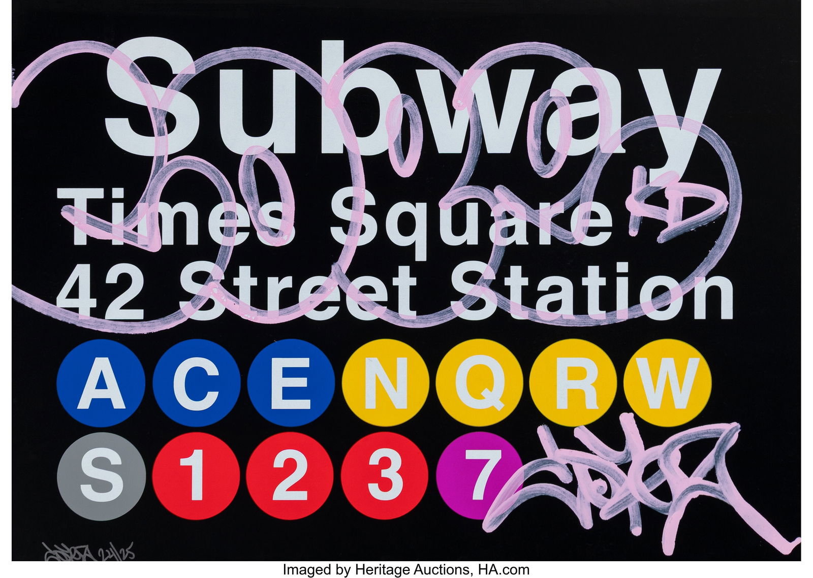 Cope2 (b. 1968) 42 Street Station / Times Square: Cope2 (b. 1968) 42 Street Station / Times Square (Pink), 2017 Screenprint in colors with hand-embellishments on Sirio Ultra Black Fine Art paper 20 x 28 inches