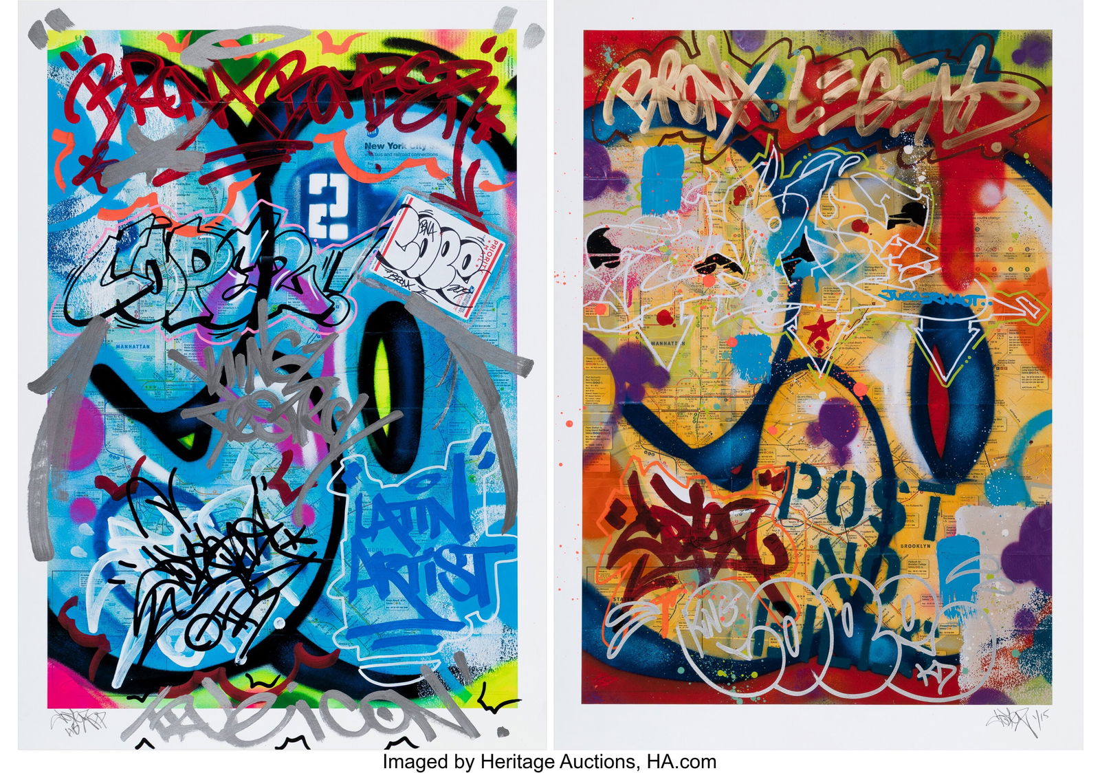 Cope2 (b. 1968) New York City Subway Maps II; Ne: Cope2 (b. 1968) New York City Subway Maps II; New York City Subway Maps IV (two works), 2019 Archival pigment prints in colors with hand-embellishments on Moab