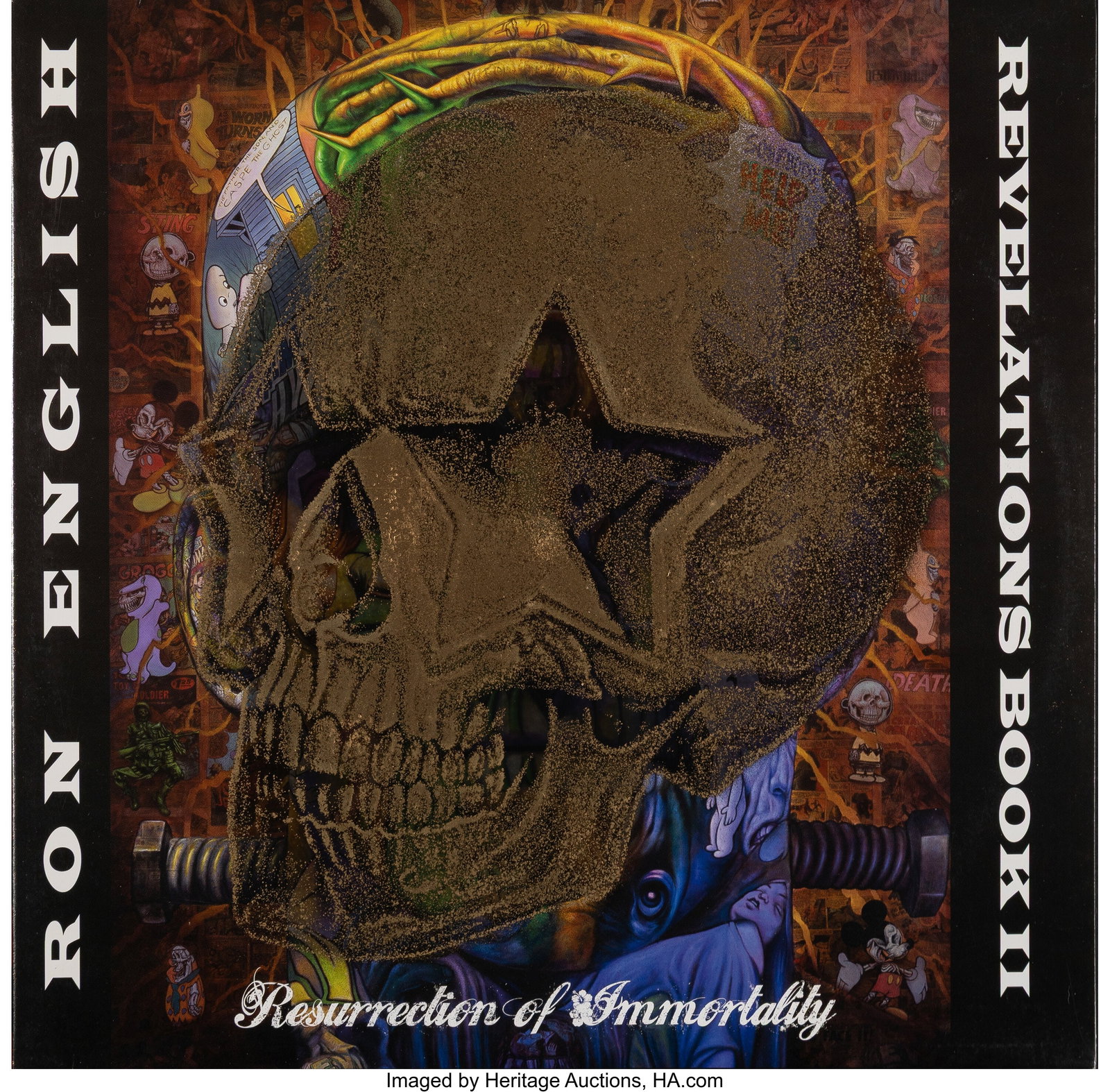 Ron English (b. 1959) Revelations Book II, Gold: Ron English (b. 1959) Revelations Book II, Gold Edition, 2012 Double LP with Hand-Stenciled Vinyl Album Cover 12-1/2 x 12-1/2 inches (31.8 x 31.