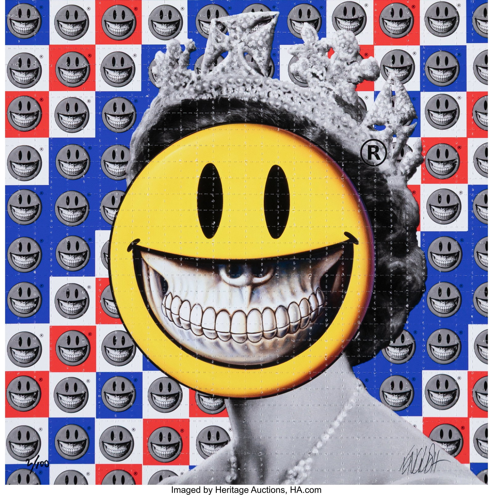 Ron English (b. 1959) Queen of Bicycle Day, 2020: Ron English (b. 1959) Queen of Bicycle Day, 2020 Archival pigment print in colors on perforated blotter paper 7-1/2 x 7-1/2 inches (19.1 x 19.1 cm&rpa