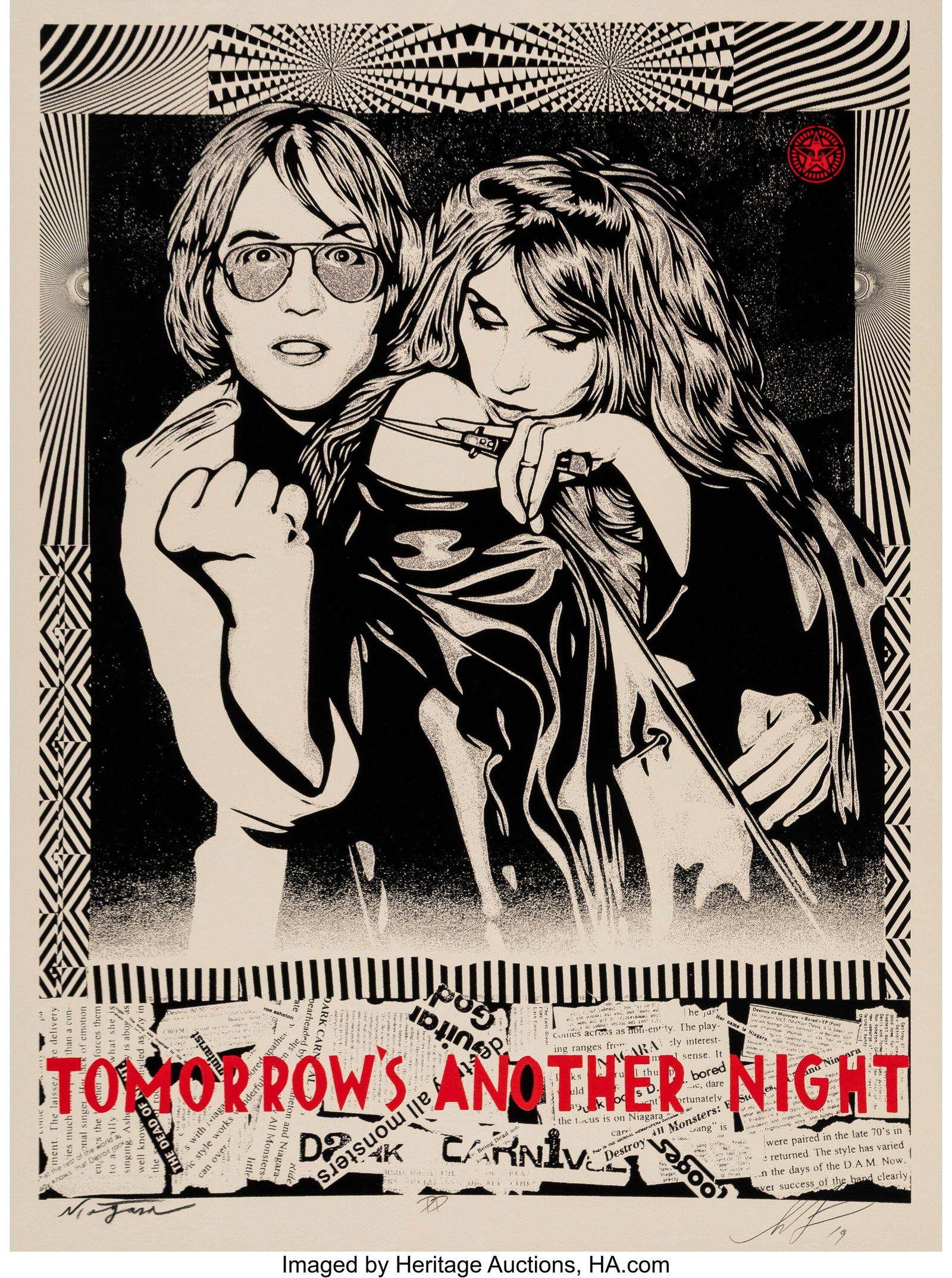 Shepard Fairey (b. 1970) Tomorrow's Another Nigh: Shepard Fairey (b. 1970) Tomorrow's Another Night (Red), 2021 Screenprint in colors on Cream Speckletone paper 24 x 18 inches (61.0 x 45.7 cm)