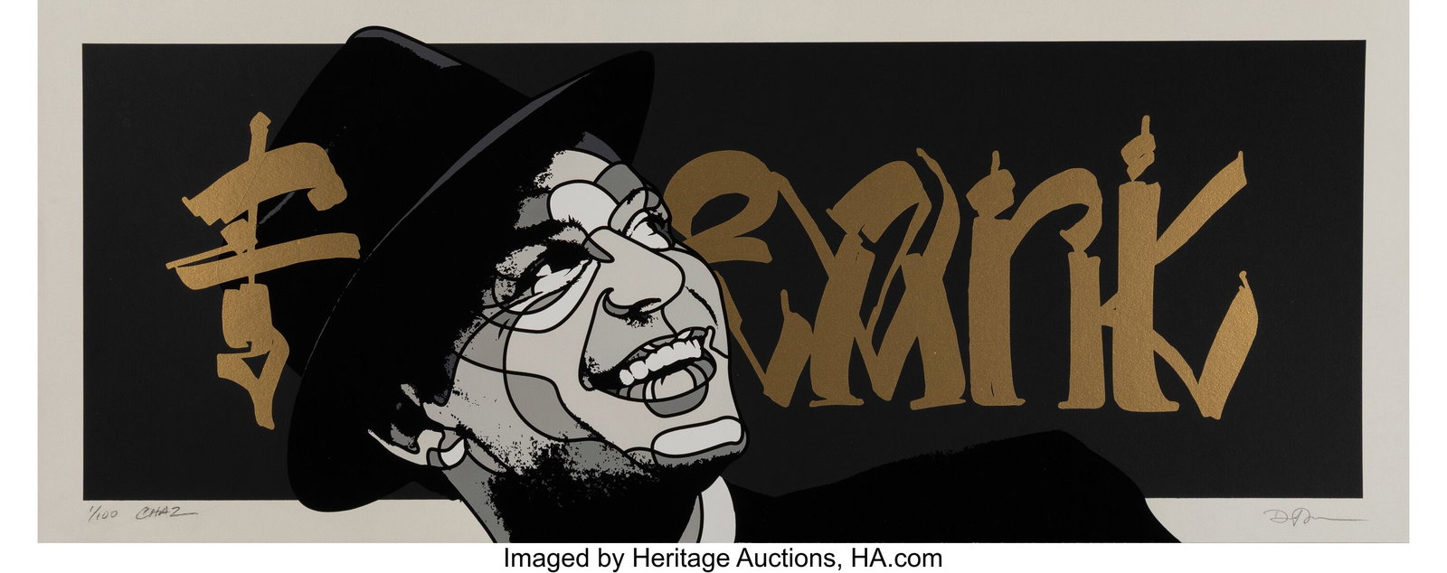 David Flores X Chaz Bojorquez Frank, 2016 Screen: David Flores X Chaz Bojorquez Frank, 2016 Screenprint in colors on Stonehenge paper 12 x 30 inches (30.5 x 76.2 cm) (sheet) Ed. 1/100 Signed by both