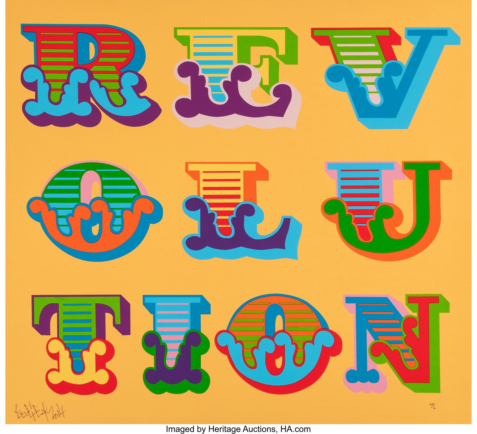 Ben Eine (b. 1970) Revolution (Peach), 2014 Scre: Ben Eine (b. 1970) Revolution (Peach), 2014 Screenprint in colors on Coventry Rag paper 27-1/2 x 25-1/4 inches (69.9 x 64.1 cm) (s