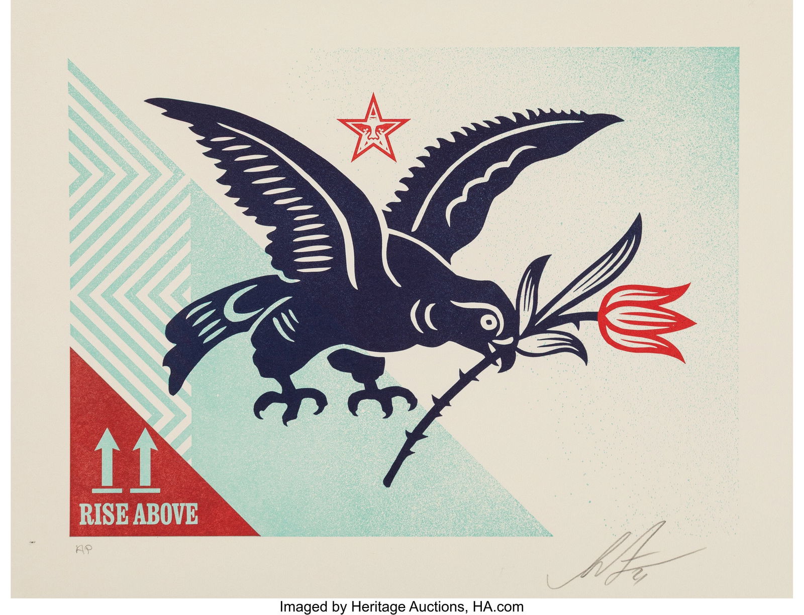 Shepard Fairey (b. 1970) Rise Above Bird, 2021 L: Shepard Fairey (b. 1970) Rise Above Bird, 2021 Letterpress in colors on Cream Cotton paper 10 x 13 inches (25.4 x 33 cm) (sheet) A.P. &l