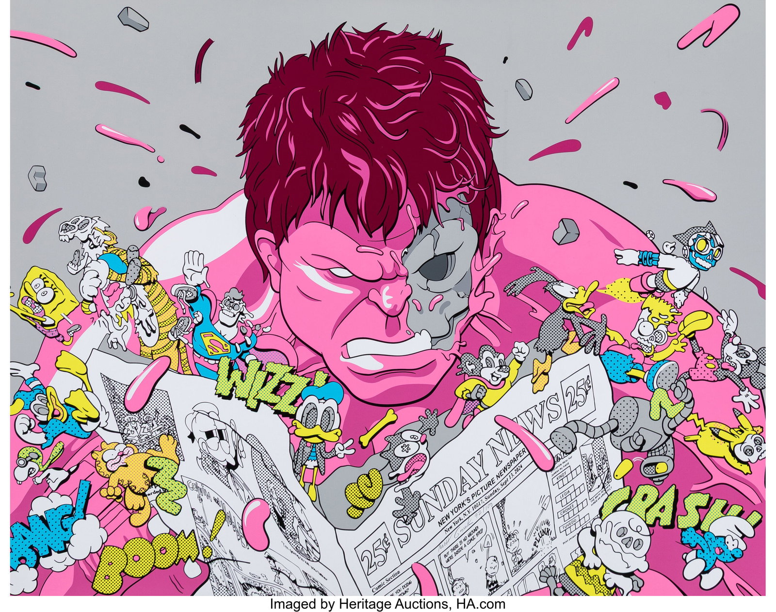Matt Gondek (b. 1982) Pink Hulk Reading Newspape: Matt Gondek (b. 1982) Pink Hulk Reading Newspaper, 2025 Screenprint in colors on Mohawk Superfine Fine Art paper 20 x 25 inches (50.8 x 63.5 cm) (sh