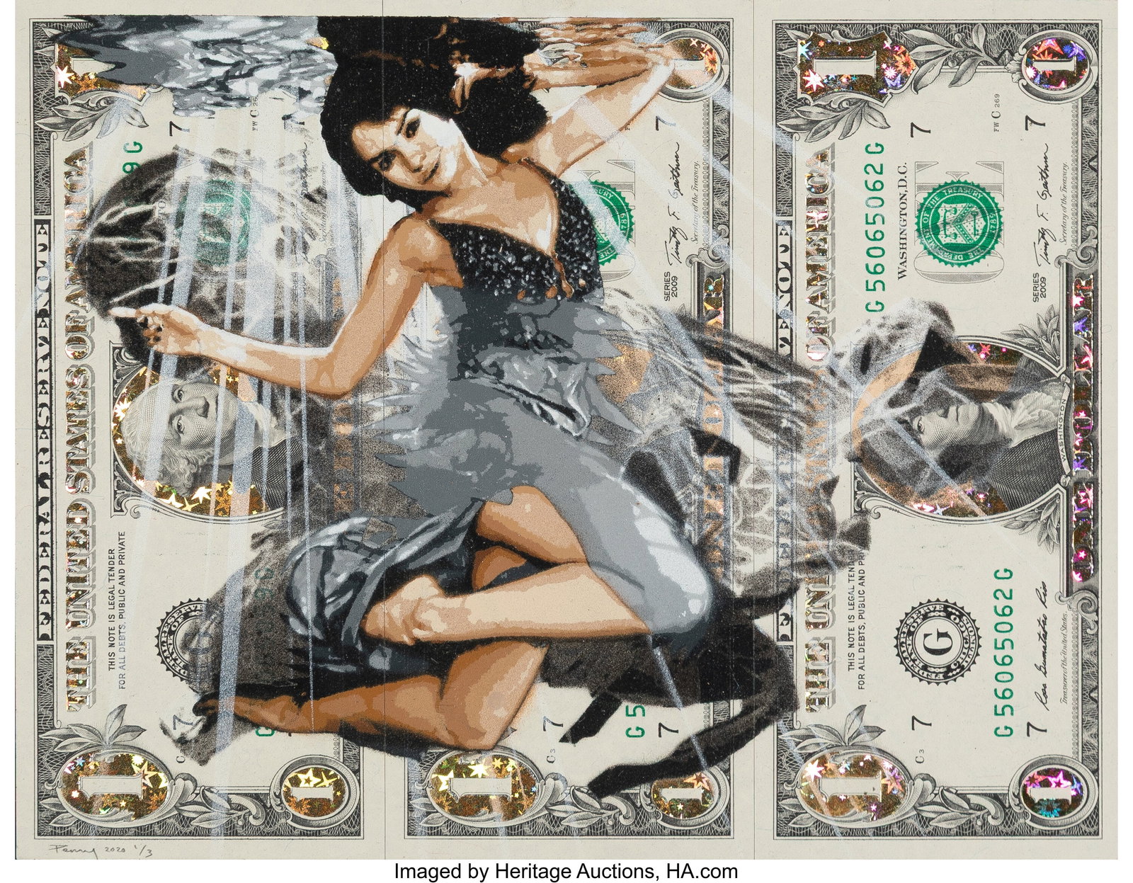 Penny (20th Century) Bathed in Gold, 2020 Spray: Penny (20th Century) Bathed in Gold, 2020 Spray paint on one-dollar bills with holographic gold embellishments 6 x 7-3/4 inches (15.2 x 19.7 cm) Ed.